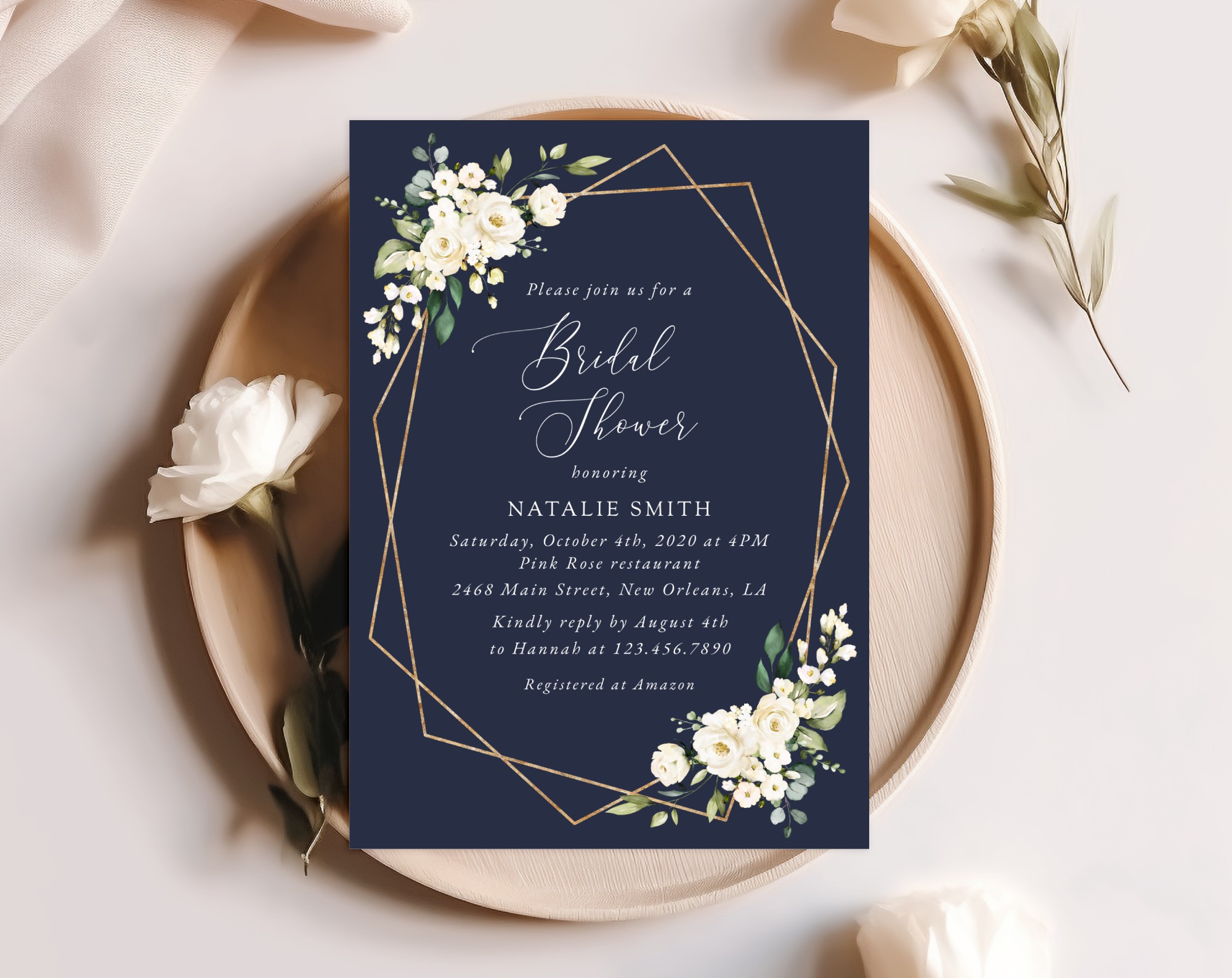 Navy and White Flowers Bridal Shower Invitation, Bridal Stationery, Printable File, Edit Yourself, SH173