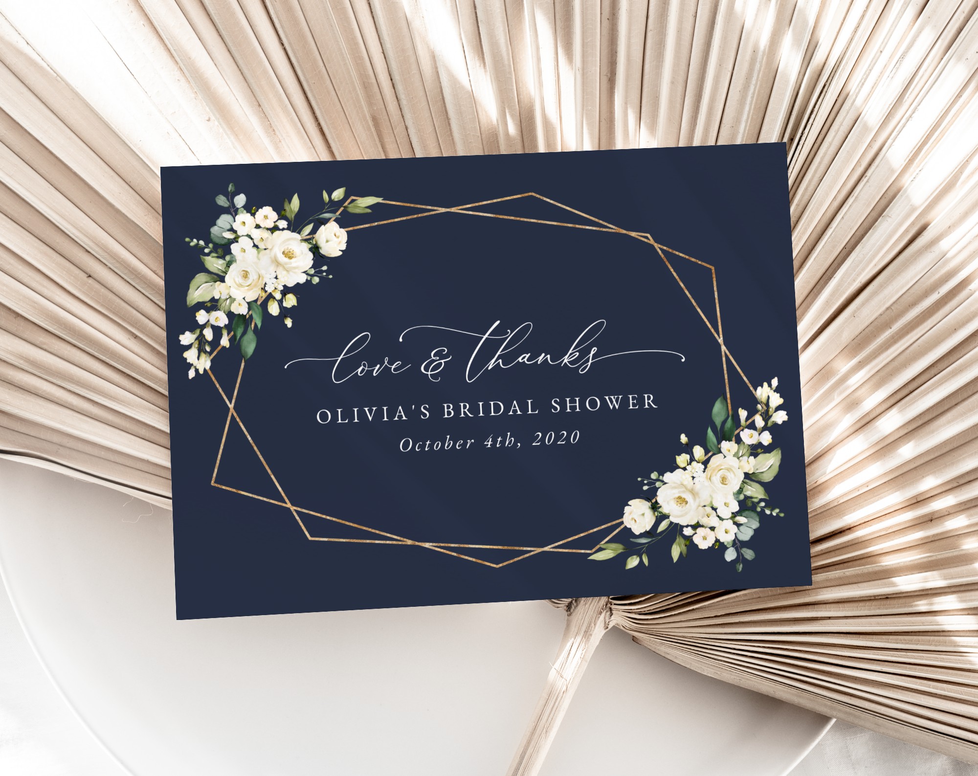 Navy and White Flowers Thank You Card, Bridal Shower Stationery, Printable File, Edit Yourself, SH173