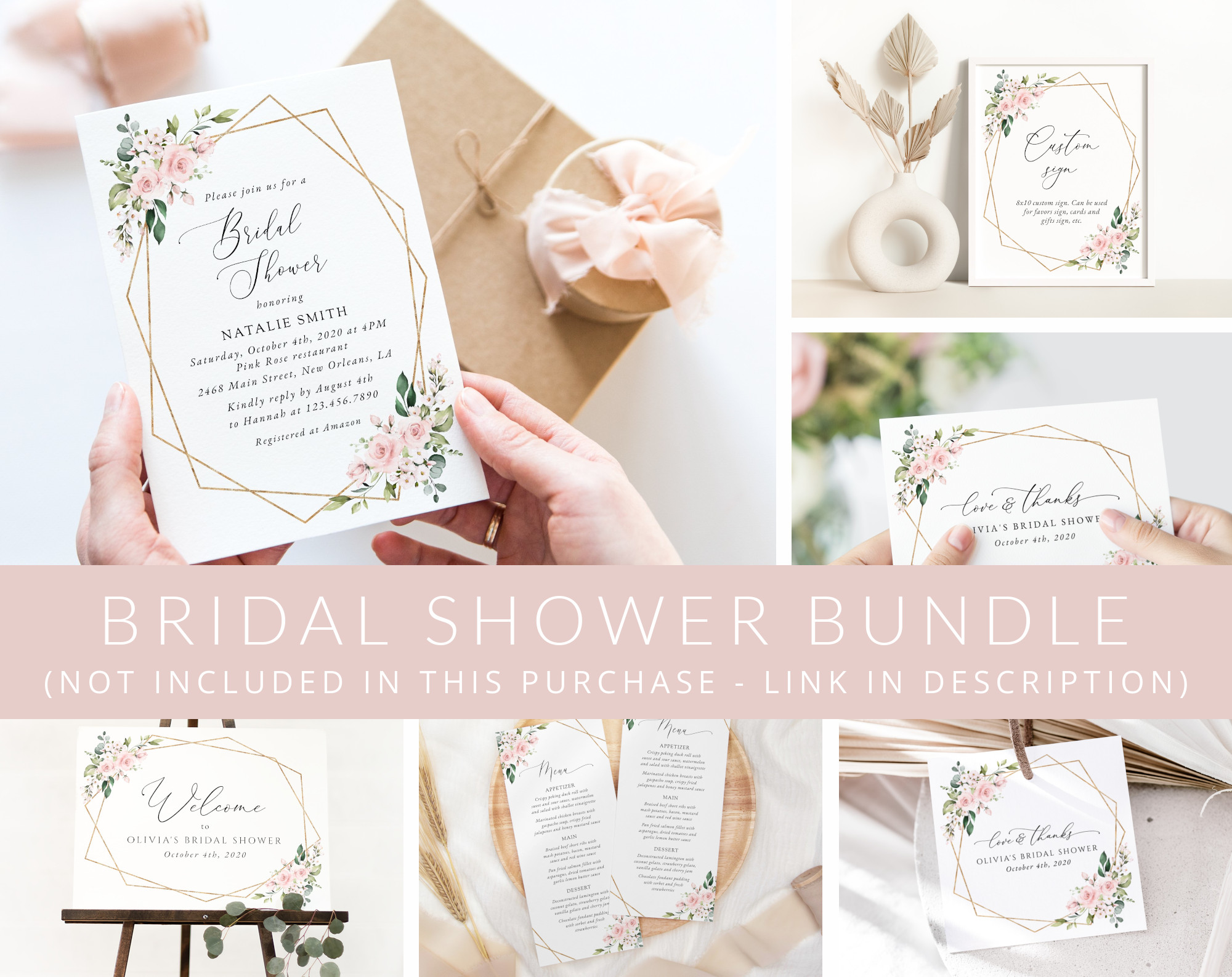 Pink Flowers Bridal Shower Mini Bundle, Printable File, Edit Yourself, SH174
