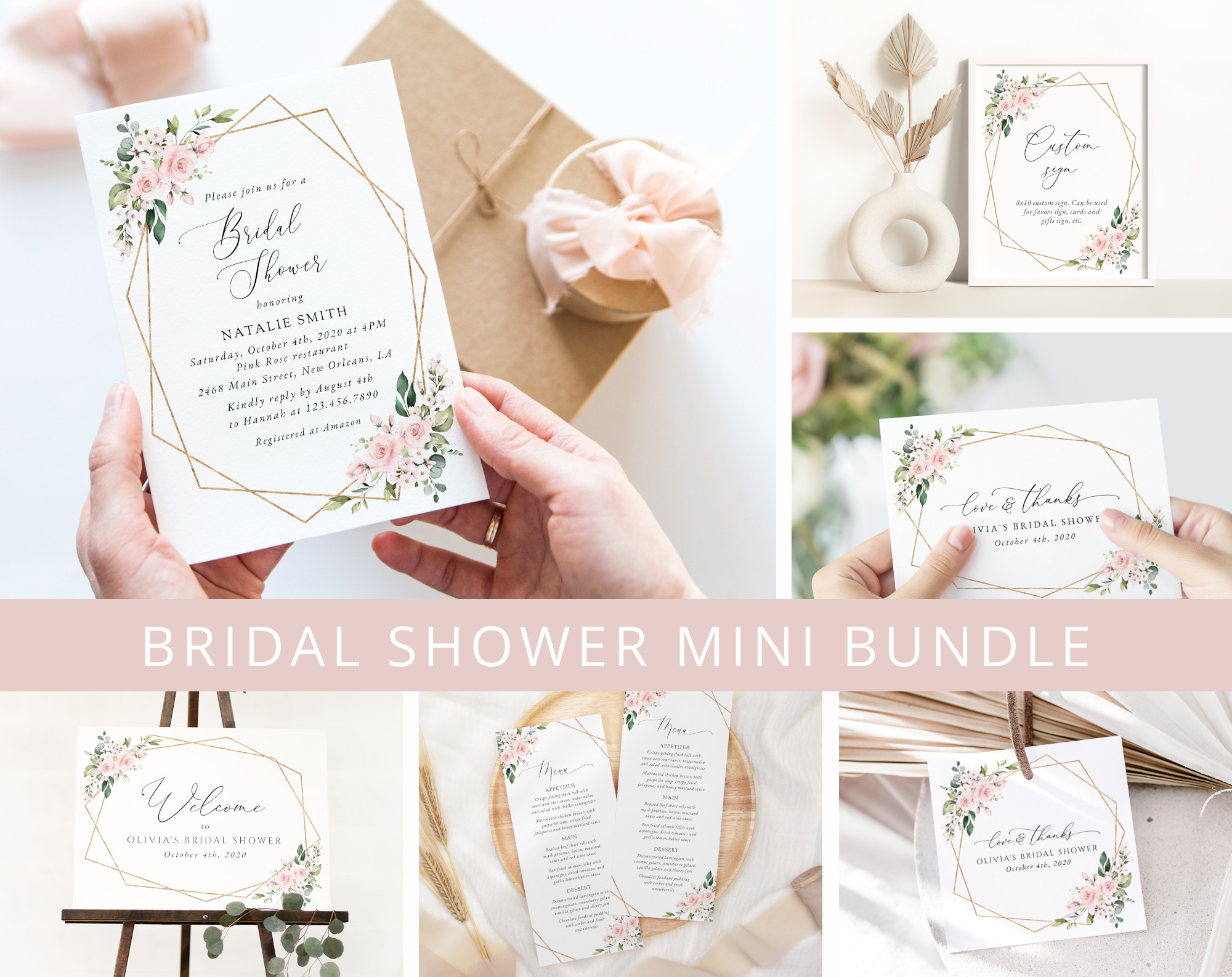 Pink Flowers Bridal Shower Mini Bundle, Printable File, Edit Yourself, SH174