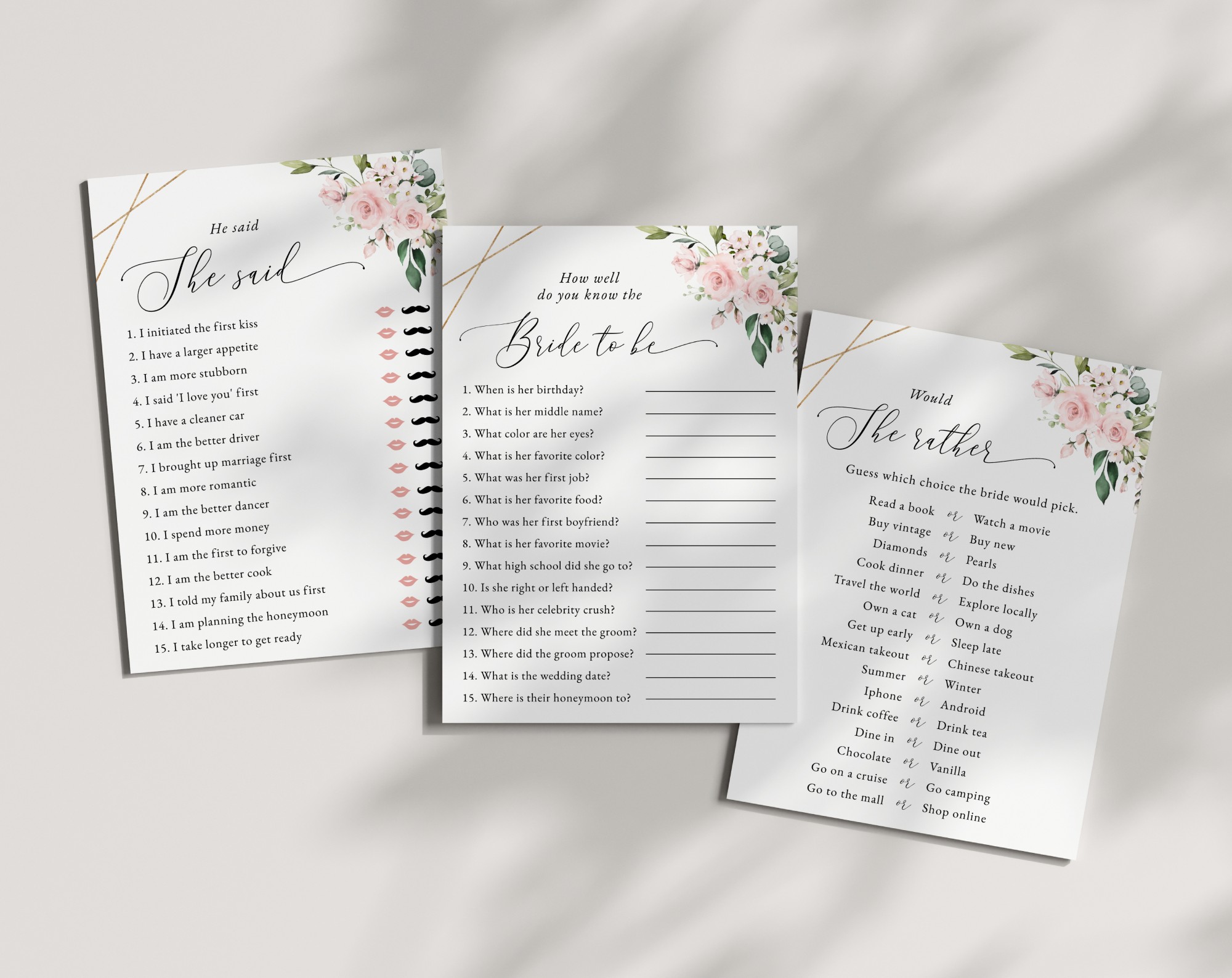 Pink Flowers Bridal Shower Games, Set of 3 Games, Printable File, Edit Yourself, SH174