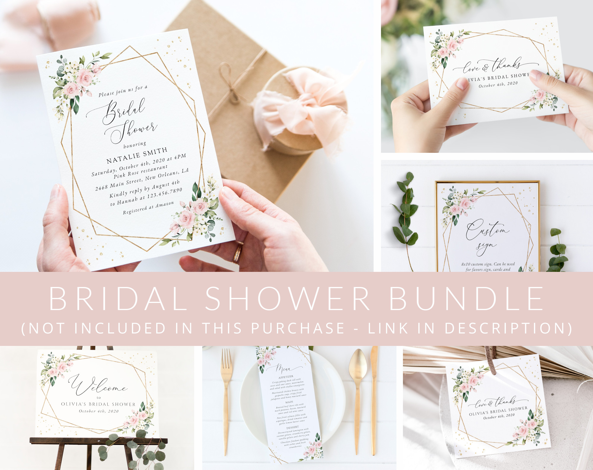 Pink Flowers and Gold Confetti Bridal Shower Mini Bundle, Printable File, Edit Yourself, SH175