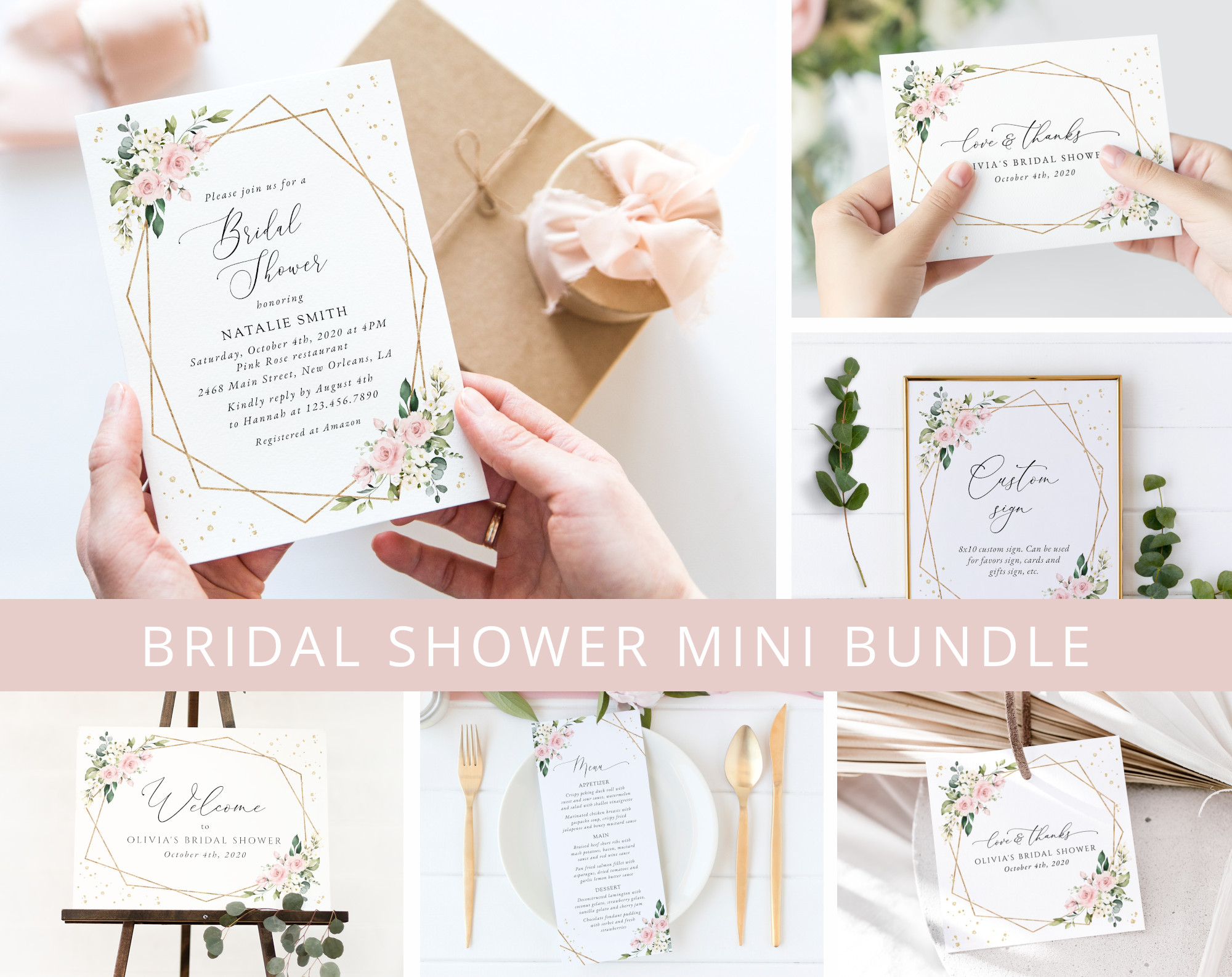 Pink Flowers and Gold Confetti Bridal Shower Mini Bundle, Printable File, Edit Yourself, SH175
