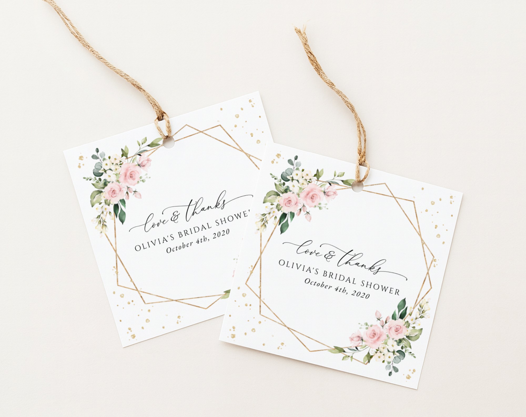 Pink Flowers and Gold Confetti Favor Tags, Gift Tags, Bridal Shower, Printable File, Edit Yourself, SH175