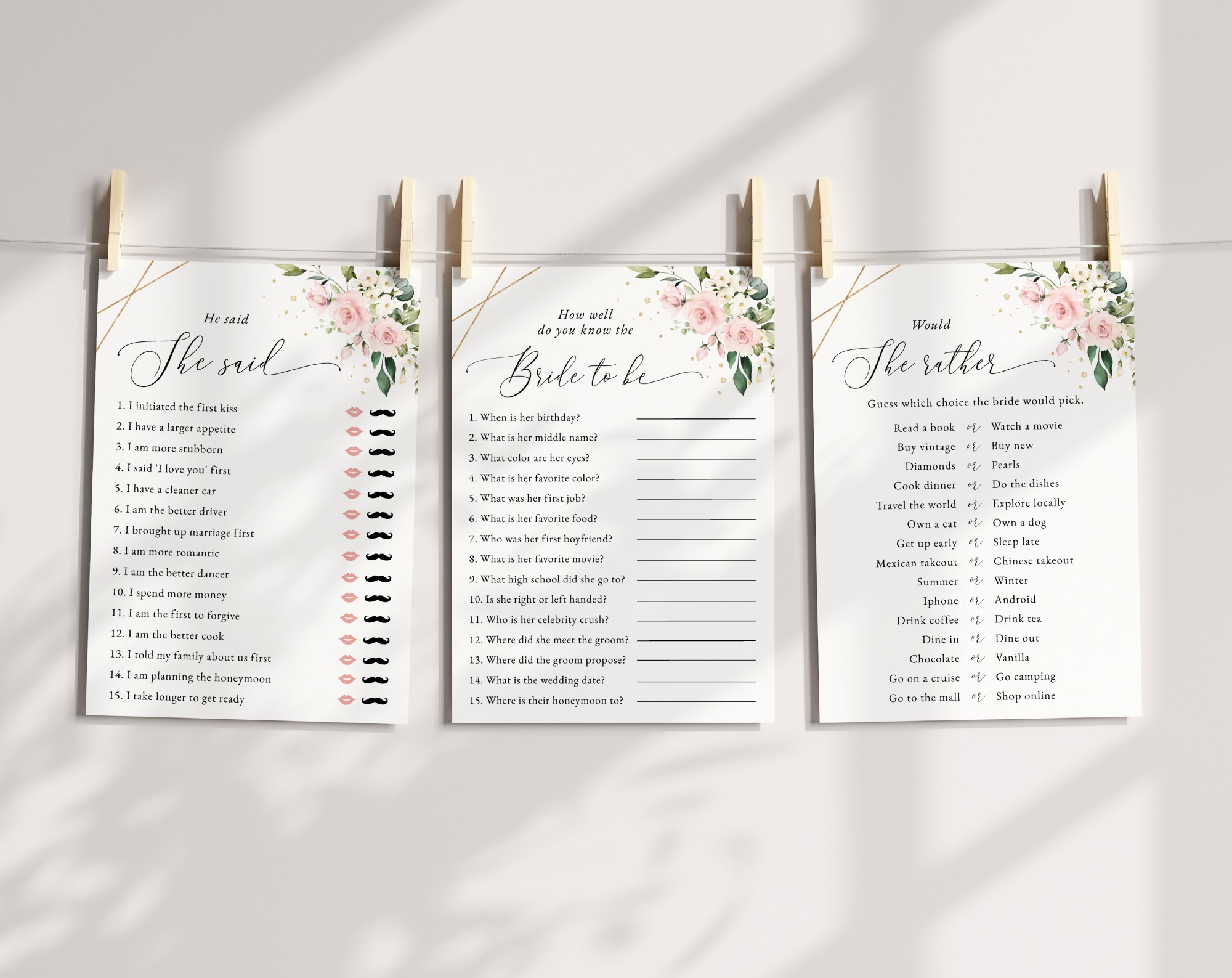 Pink Flowers and Gold Confetti Bridal Shower Games, Set of 3 Games, Printable File, Edit Yourself, SH175