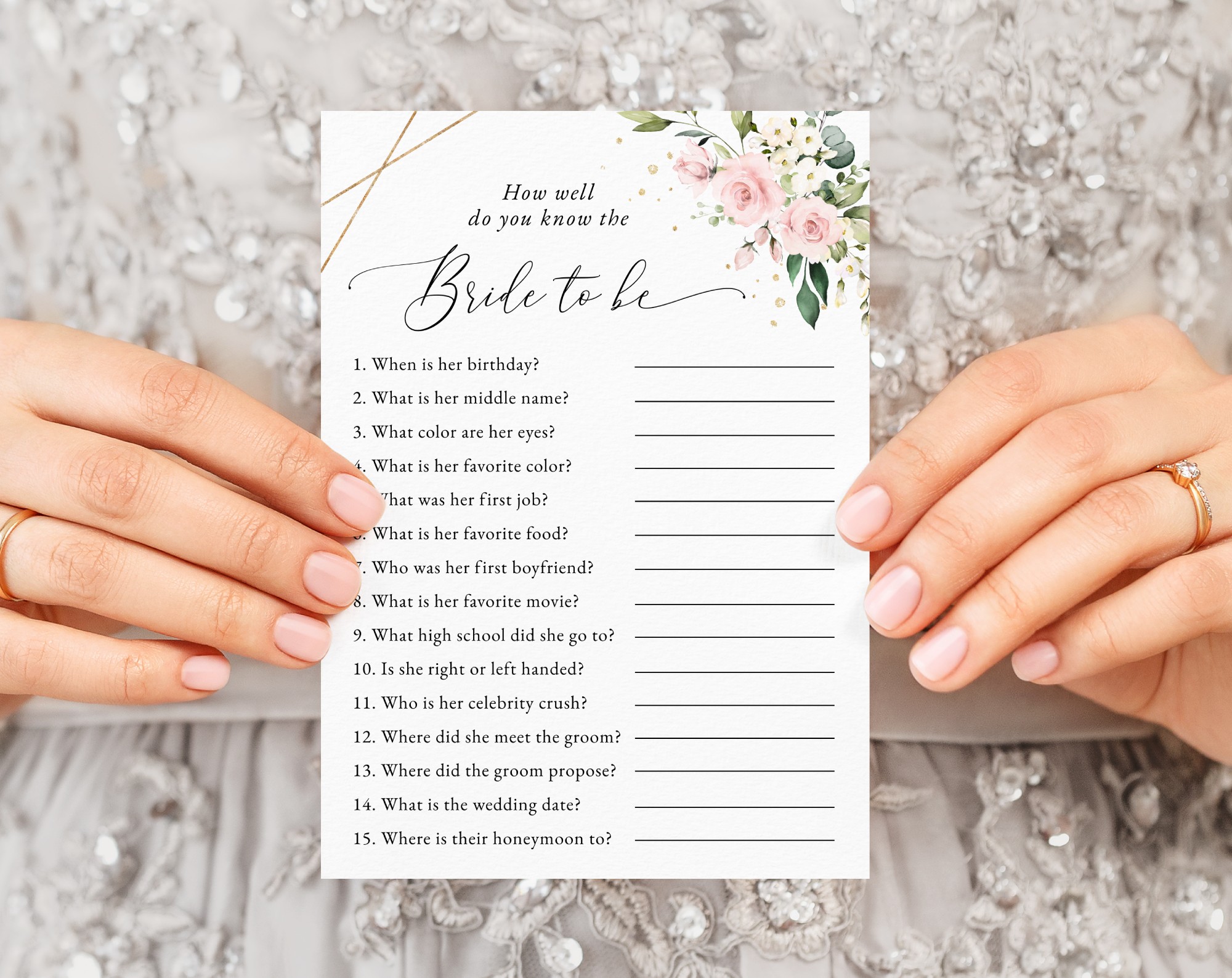 Pink Flowers and Gold Confetti Bridal Shower Games, Set of 3 Games, Printable File, Edit Yourself, SH175