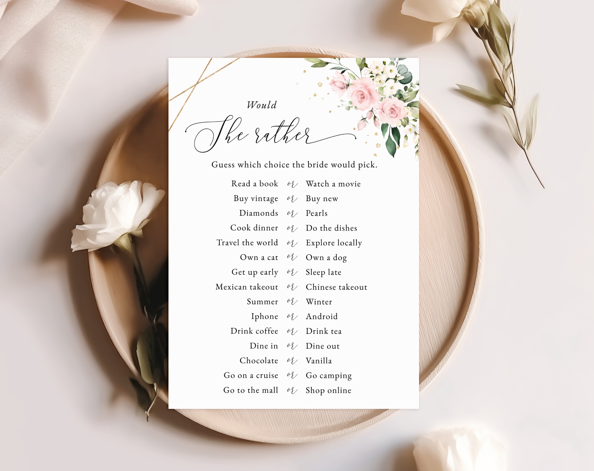 Pink Flowers and Gold Confetti Bridal Shower Games, Set of 3 Games, Printable File, Edit Yourself, SH175