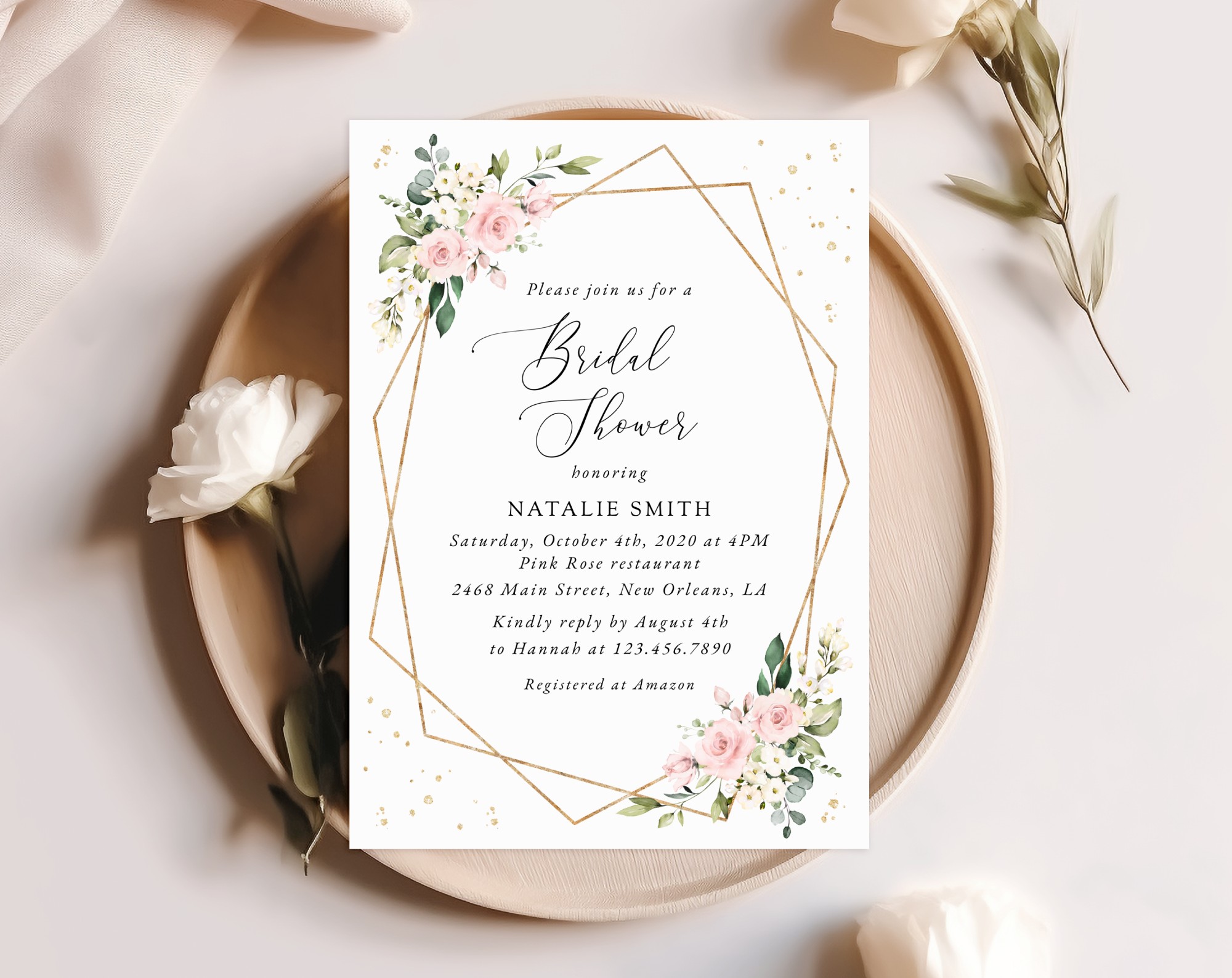 Pink Flowers and Gold Confetti Bridal Shower Invitation, Bridal Stationery, Printable File, Edit Yourself, SH175