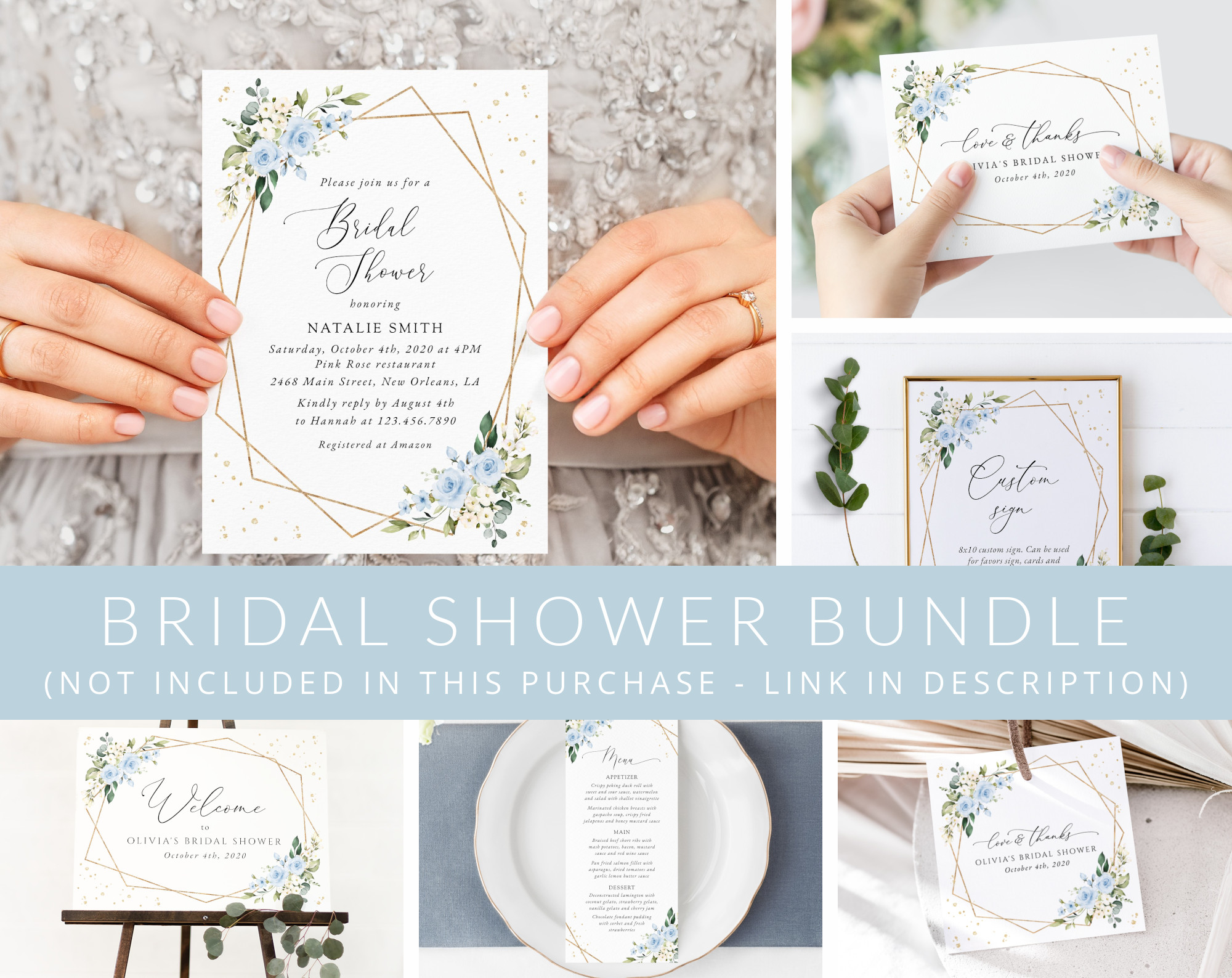 Blue Flowers and Gold Confetti Bridal Shower Mini Bundle, Printable File, Edit Yourself, SH176