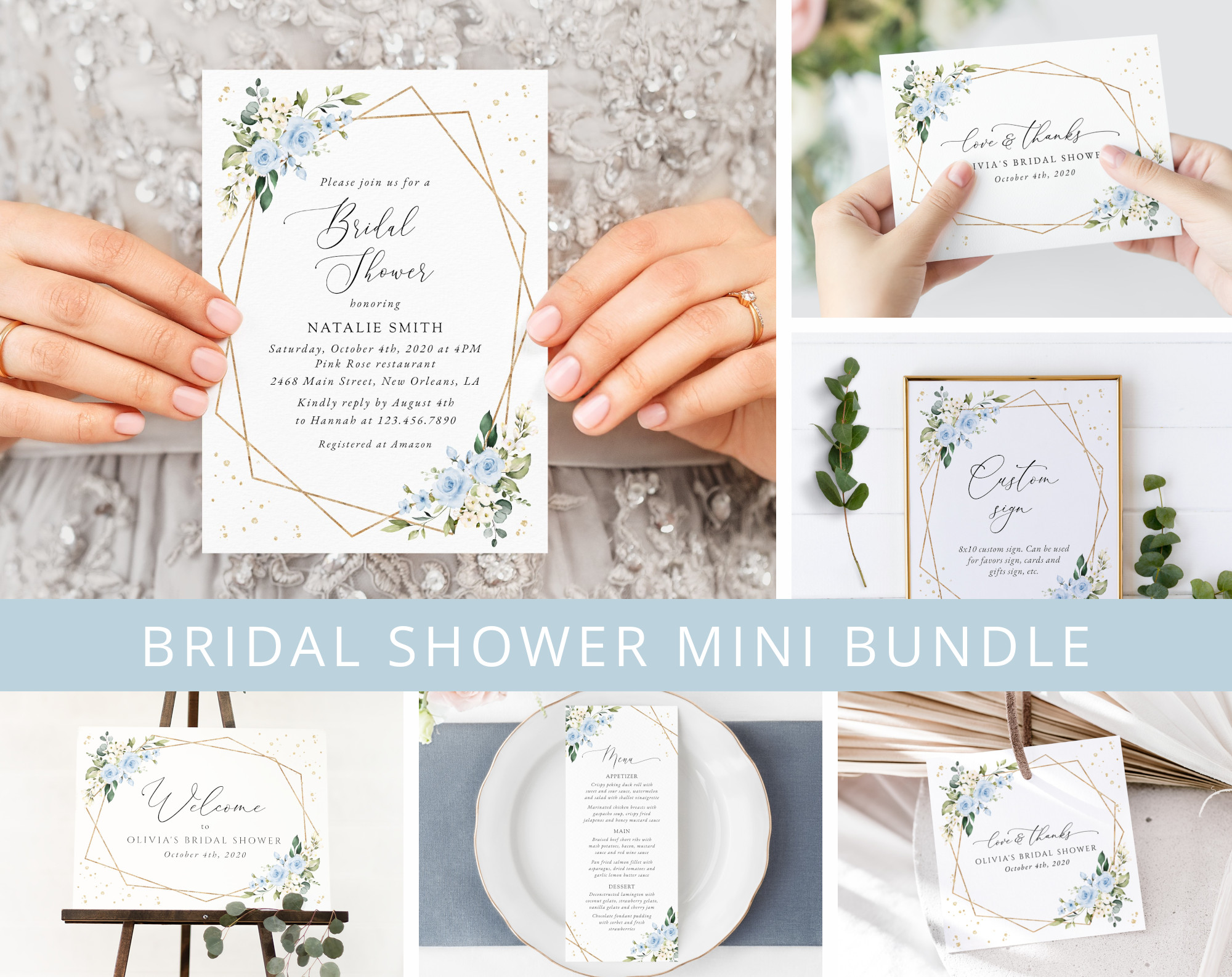 Blue Flowers and Gold Confetti Bridal Shower Mini Bundle, Printable File, Edit Yourself, SH176