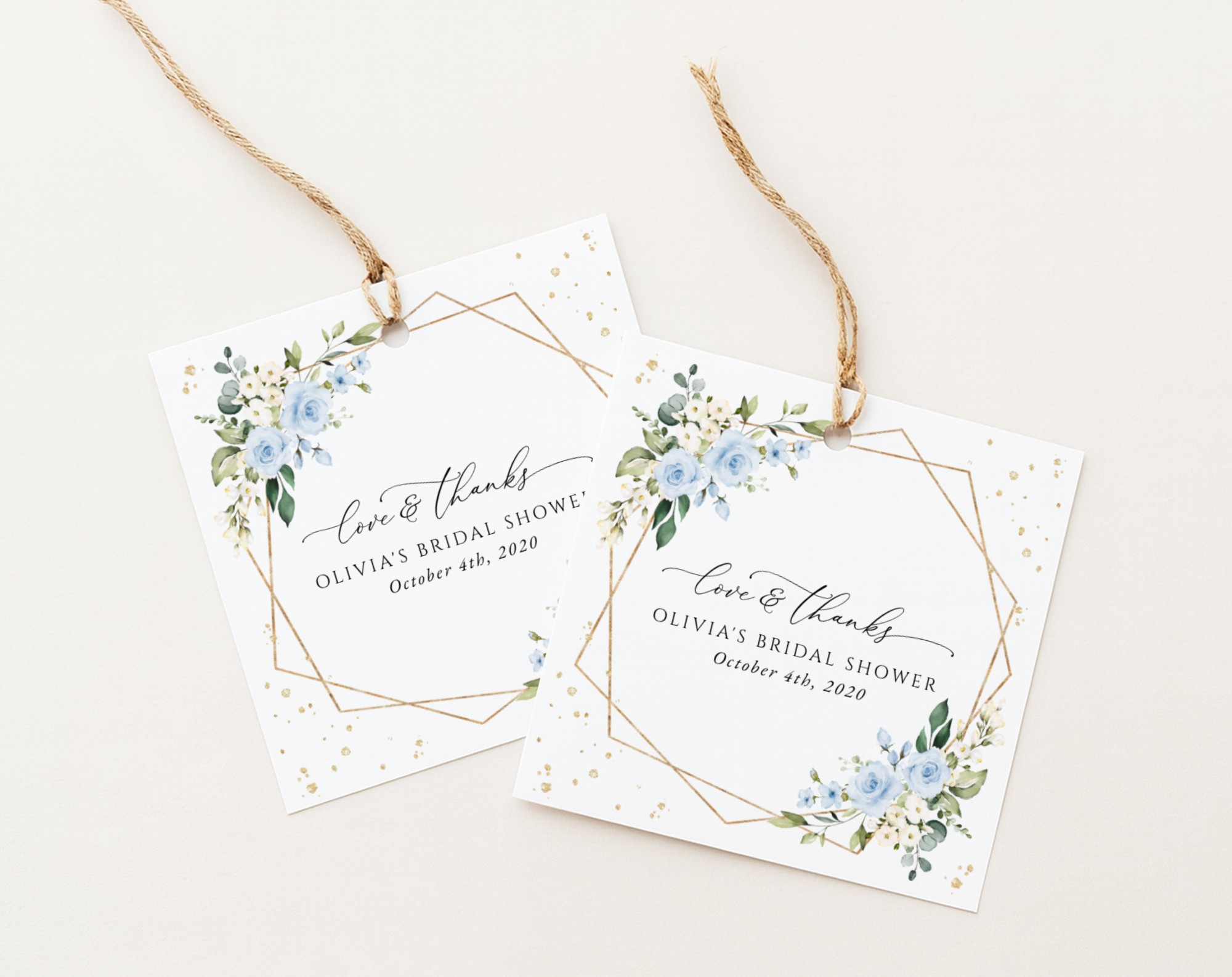 Blue Flowers and Gold Confetti Favor Tags, Gift Tags, Bridal Shower, Printable File, Edit Yourself, SH176