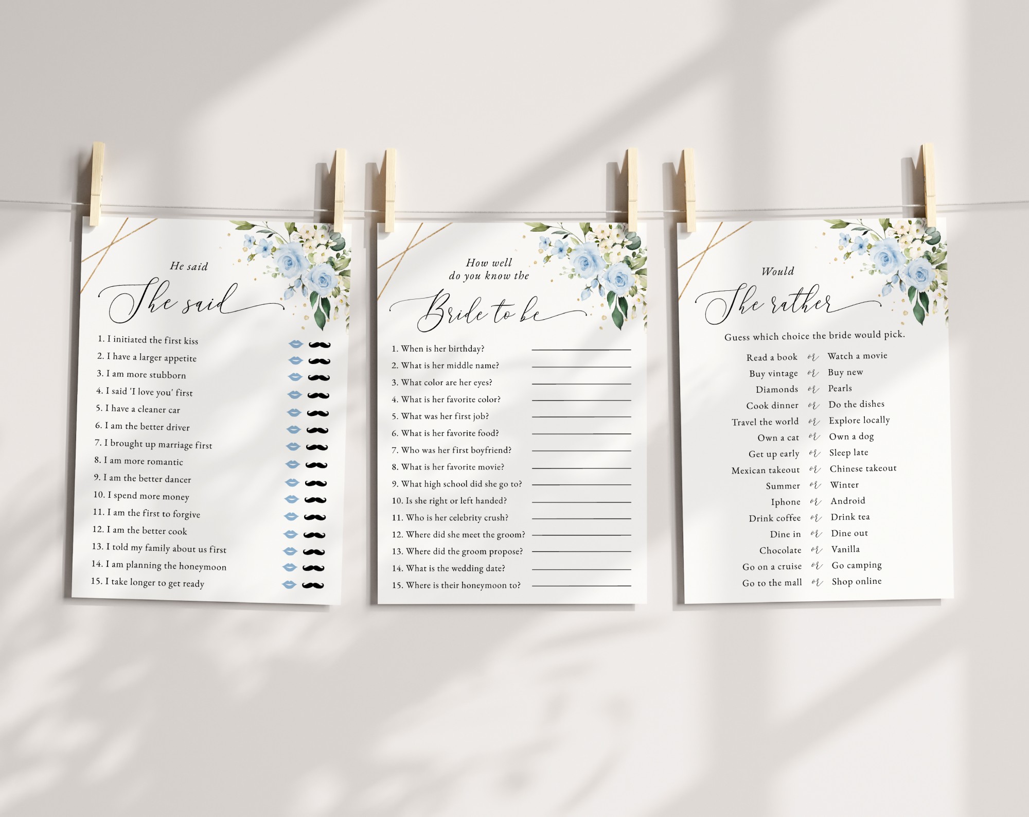 Blue Flowers and Gold Confetti Bridal Shower Games, Set of 3 Games, Printable File, Edit Yourself, SH176