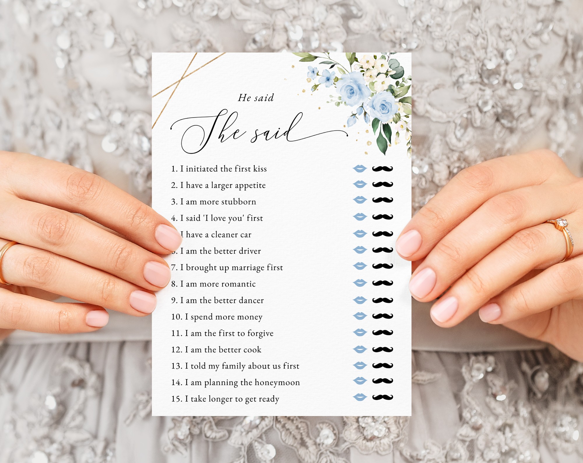 Blue Flowers and Gold Confetti Bridal Shower Games, Set of 3 Games, Printable File, Edit Yourself, SH176