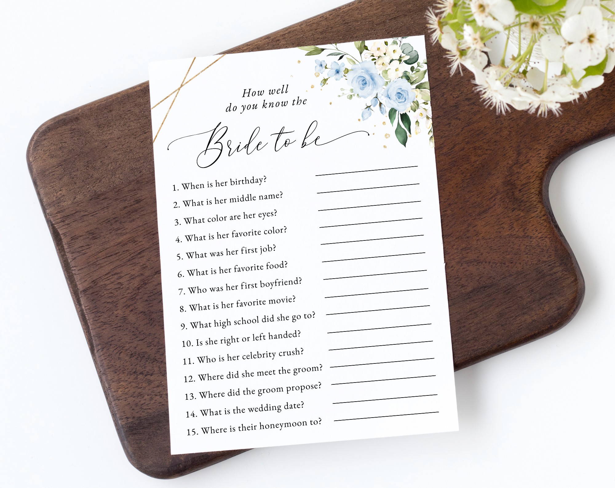 Blue Flowers and Gold Confetti Bridal Shower Games, Set of 3 Games, Printable File, Edit Yourself, SH176