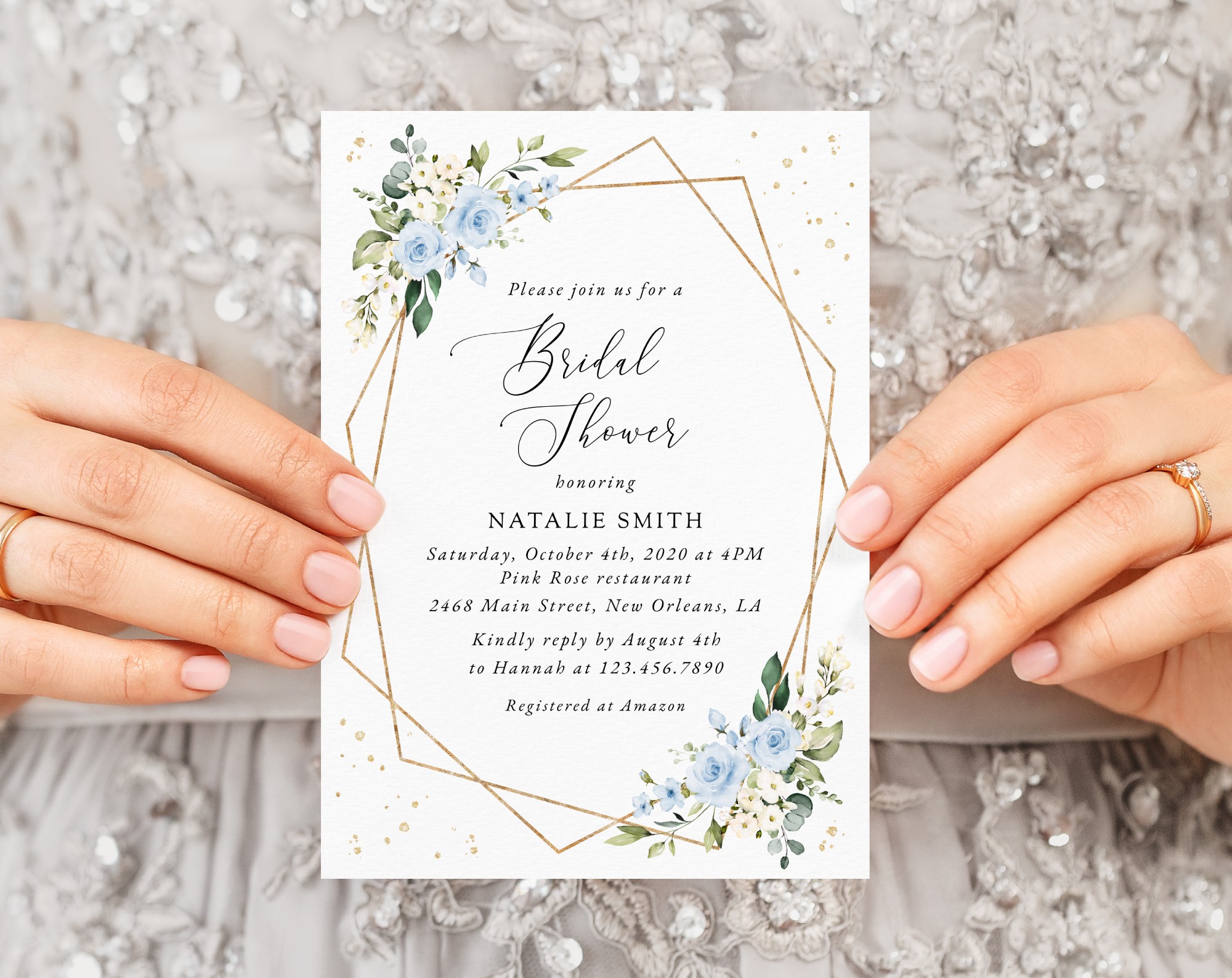 Blue Flowers and Gold Confetti Bridal Shower Invitation, Bridal Stationery, Printable File, Edit Yourself, SH176