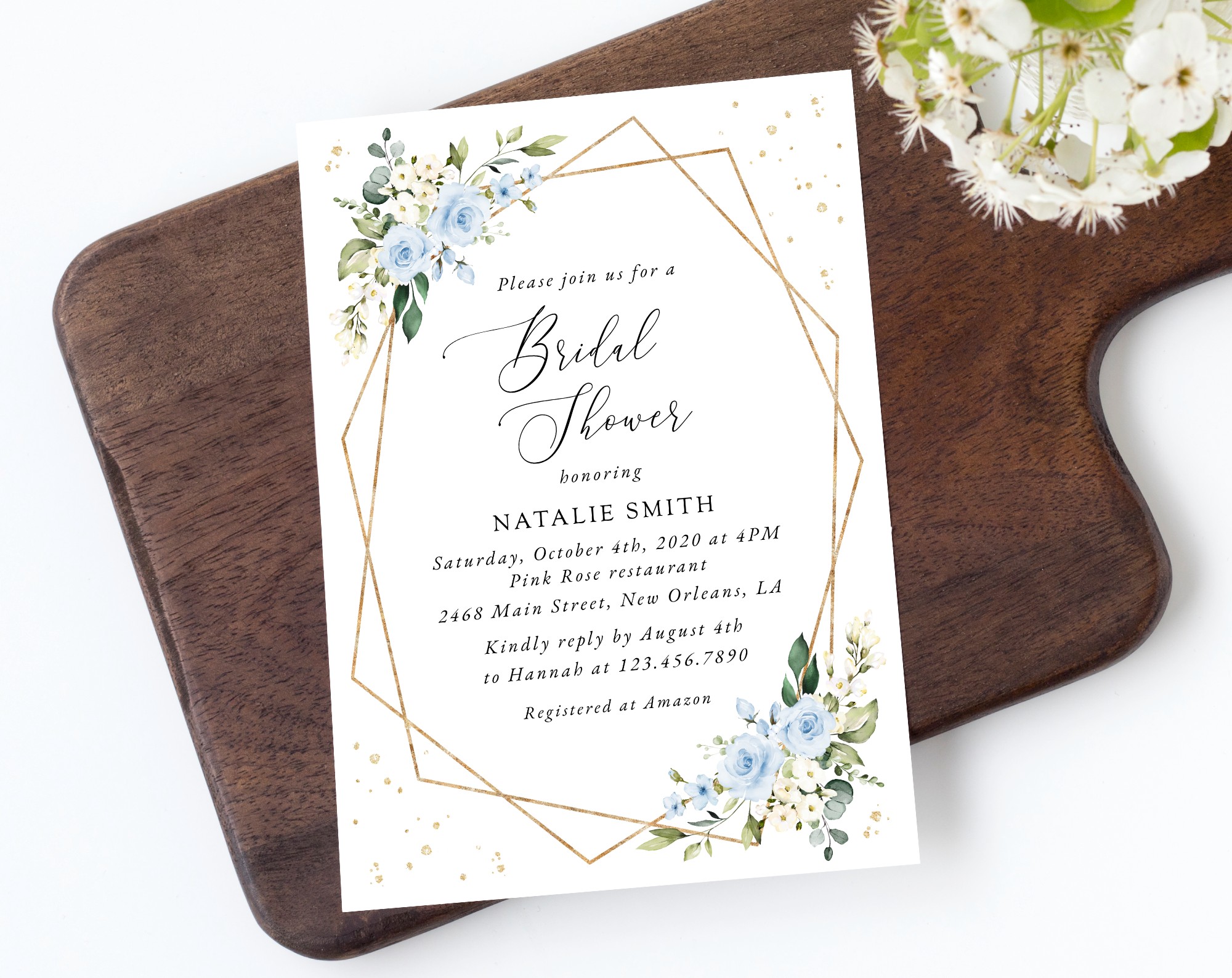 Blue Flowers and Gold Confetti Bridal Shower Invitation, Bridal Stationery, Printable File, Edit Yourself, SH176