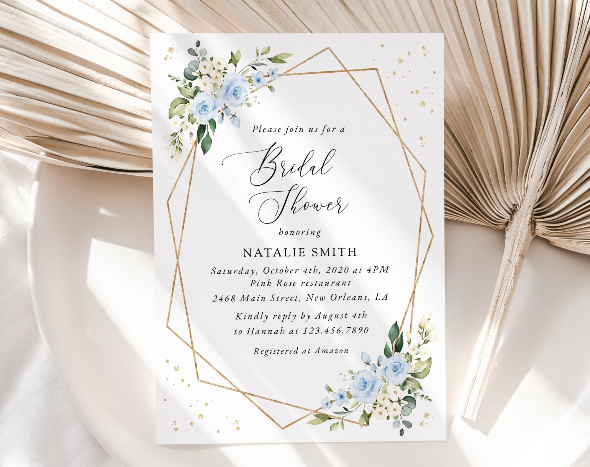 Blue Flowers and Gold Confetti Bridal Shower Invitation, Bridal Stationery, Printable File, Edit Yourself, SH176