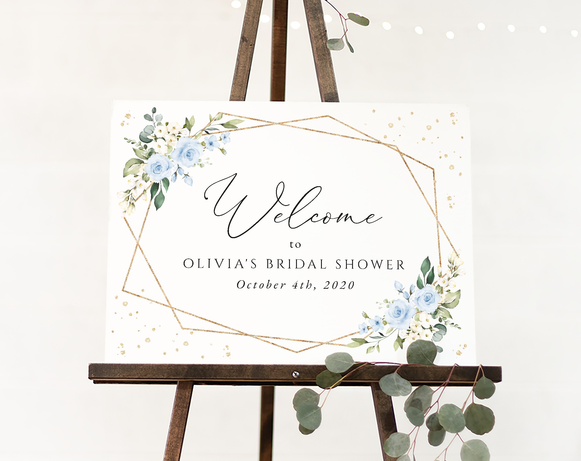 Blue Flowers and Gold Confetti Welcome Sign, Bridal Shower Sign, Printable File, Edit Yourself, SH176
