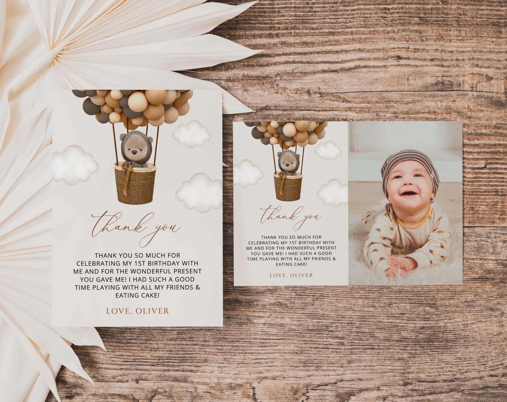 Bear and Brown Balloons Thank You Card, First Birthday, Boy Birthday, Printable File, Edit Yourself, SH88