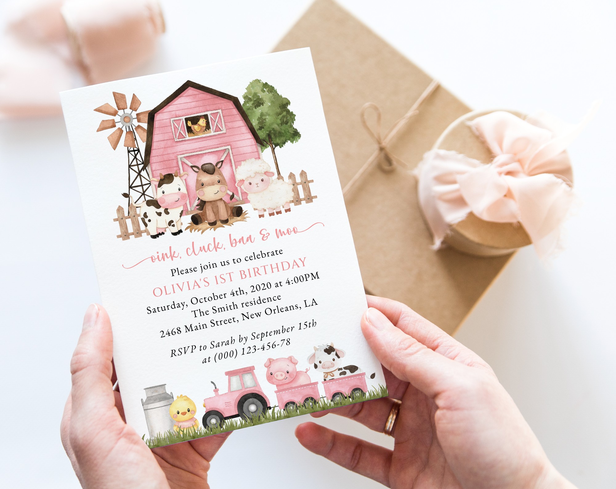 Farm Animals and Pink Barn First Birthday Invitation, Birthday Stationery, Girl Birthday, Printable File, Edit Yourself, SH112 Farm Animals and Pink Barn First Birthday Invitation, Birthday Stationery, Girl Birthday, Printable File, Edit Yourself, SH112
