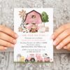 Farm Animals and Pink Barn First Birthday Invitation, Birthday Stationery, Girl Birthday, Printable File, Edit Yourself, SH112