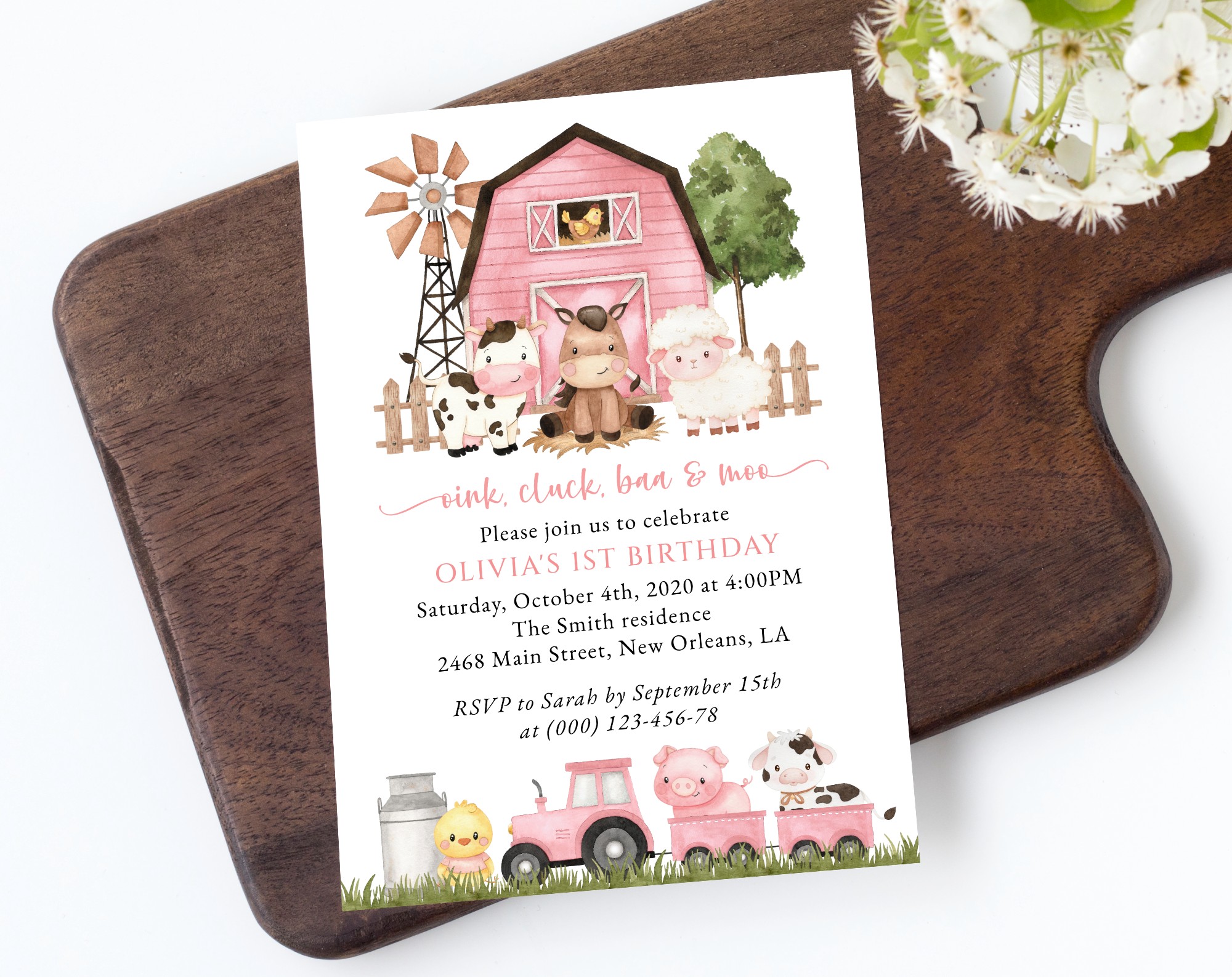 Farm Animals and Pink Barn First Birthday Invitation, Birthday Stationery, Girl Birthday, Printable File, Edit Yourself, SH112