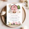 Farm Animals and Pink Barn First Birthday Invitation, Birthday Stationery, Girl Birthday, Printable File, Edit Yourself, SH112