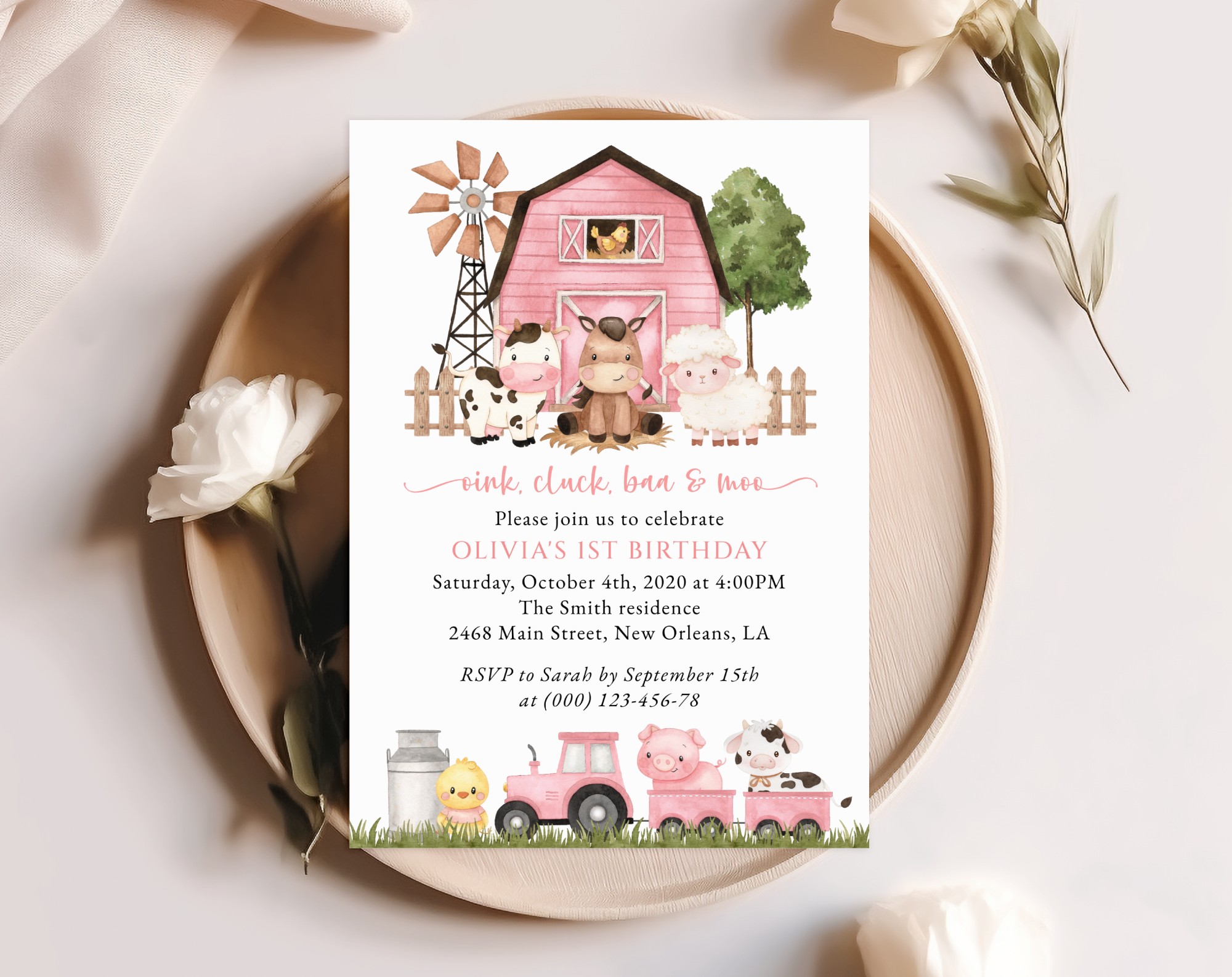 Farm Animals and Pink Barn First Birthday Invitation, Birthday Stationery, Girl Birthday, Printable File, Edit Yourself, SH112