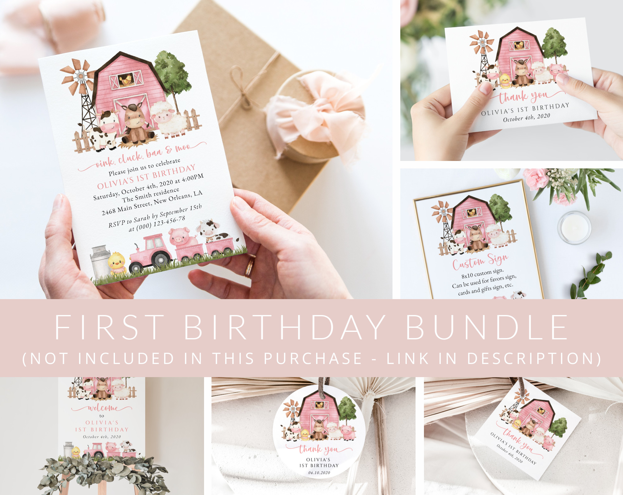 Farm Animals and Pink Barn First Birthday Mini Bundle, Girl Birthday, Printable File, Edit Yourself, SH112 Farm Animals and Pink Barn First Birthday Mini Bundle, Girl Birthday, Printable File, Edit Yourself, SH112