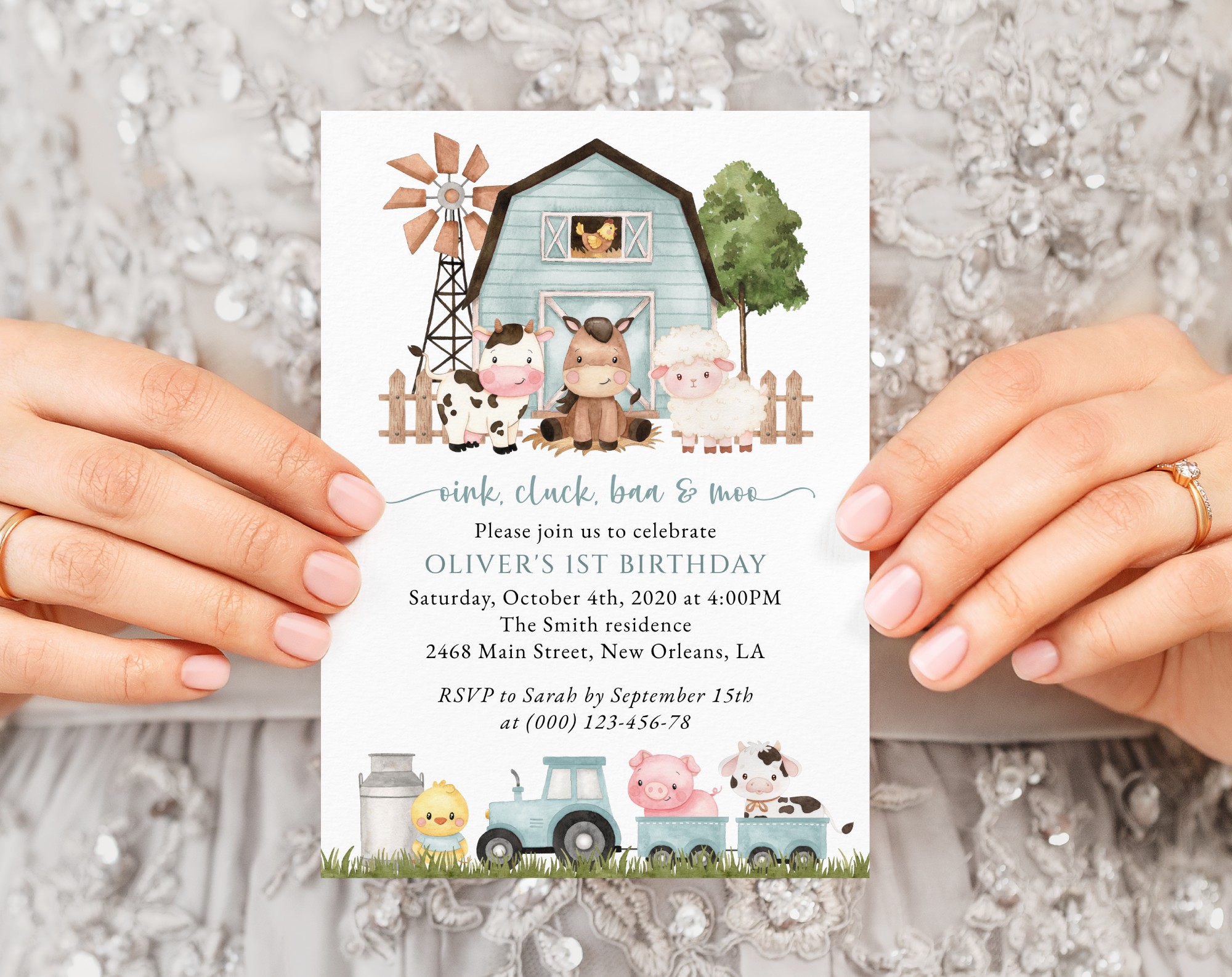 Farm Animals and Blue Barn First Birthday Invitation, Birthday Stationery, Boy Birthday, Printable File, Edit Yourself, SH113