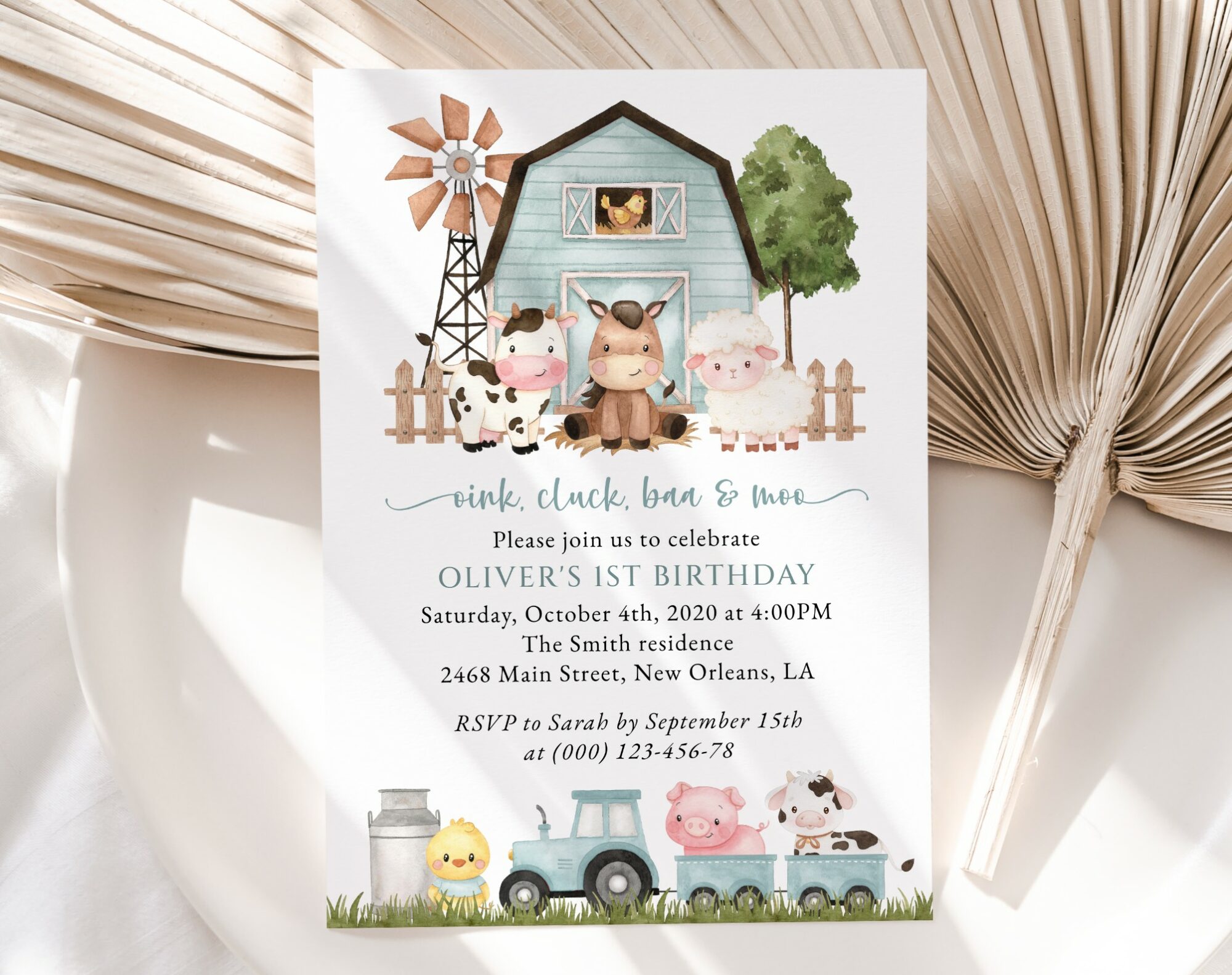 Farm Animals and Blue Barn First Birthday Invitation, Birthday Stationery, Boy Birthday, Printable File, Edit Yourself, SH113