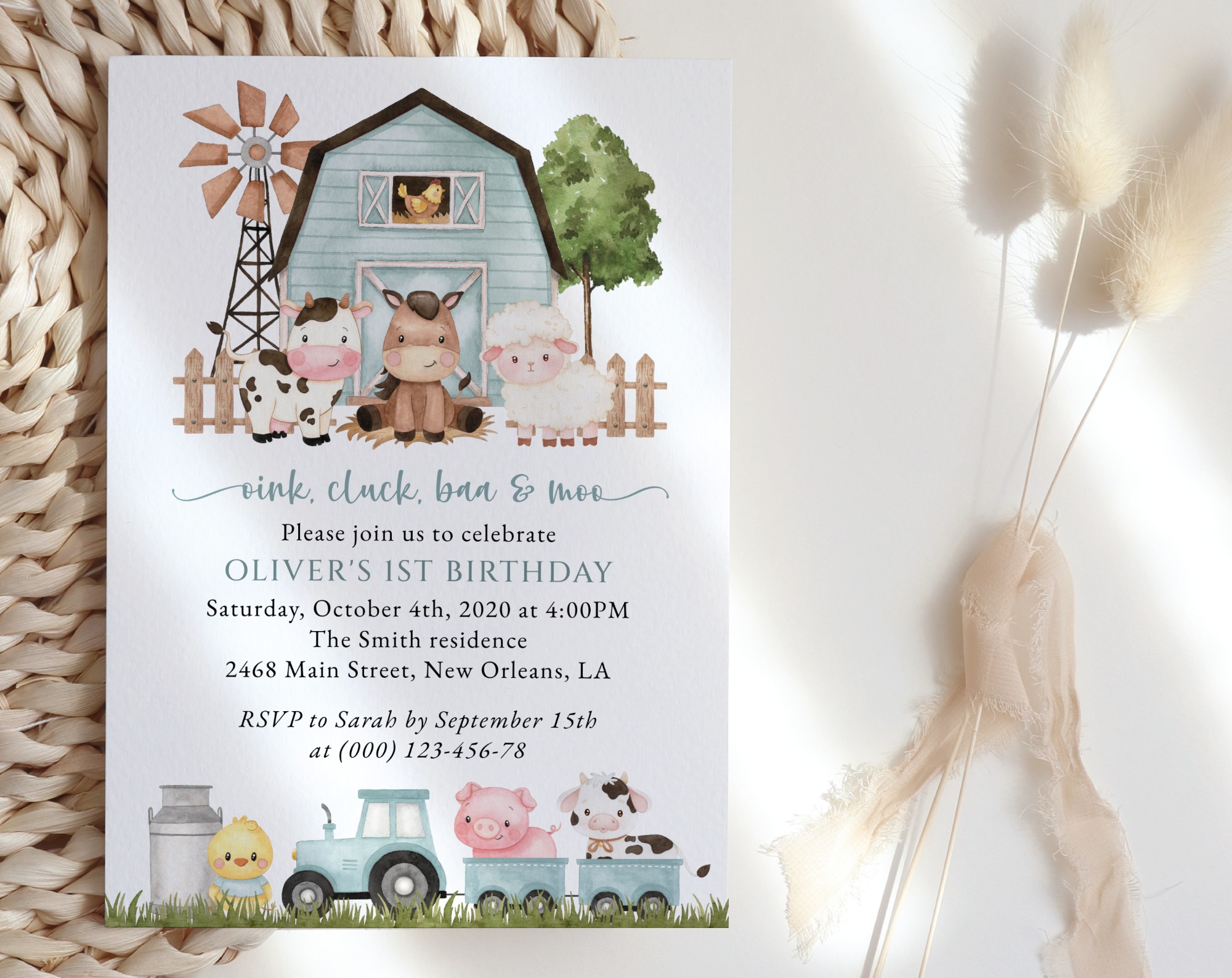 Farm Animals and Blue Barn First Birthday Invitation, Birthday Stationery, Boy Birthday, Printable File, Edit Yourself, SH113