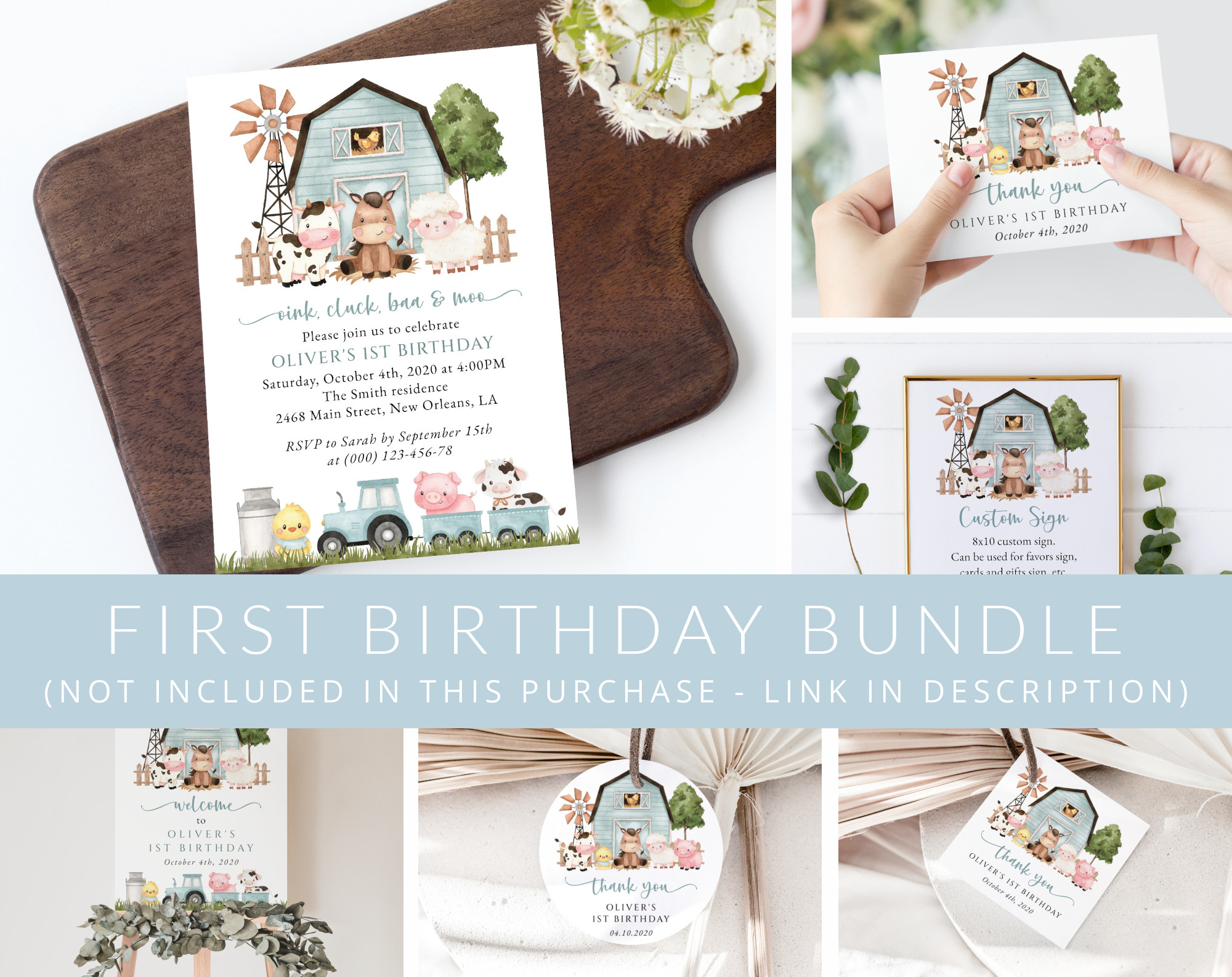 Farm Animals and Blue Barn First Birthday Mini Bundle, Boy Birthday, Printable File, Edit Yourself, SH113