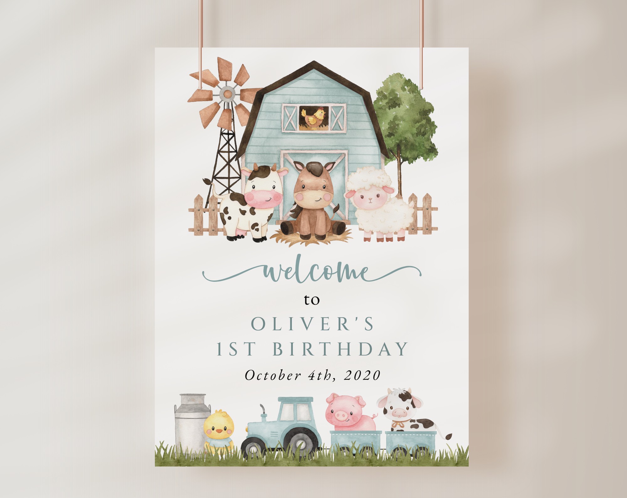 Farm Animals and Blue Barn Welcome Sign, First Birthday, Boy Birthday, Printable File, Edit Yourself, SH113