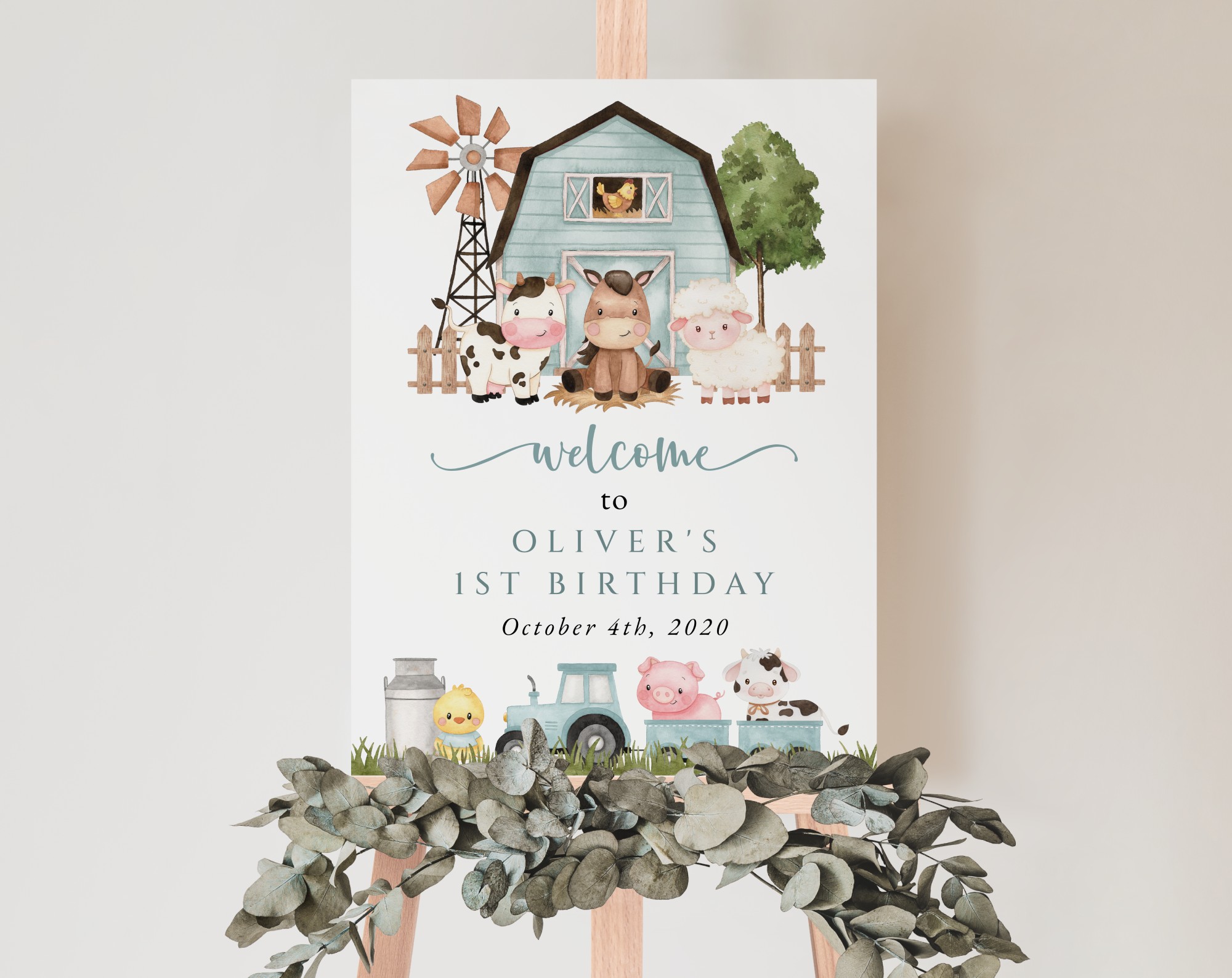 Farm Animals and Blue Barn Welcome Sign, First Birthday, Boy Birthday, Printable File, Edit Yourself, SH113