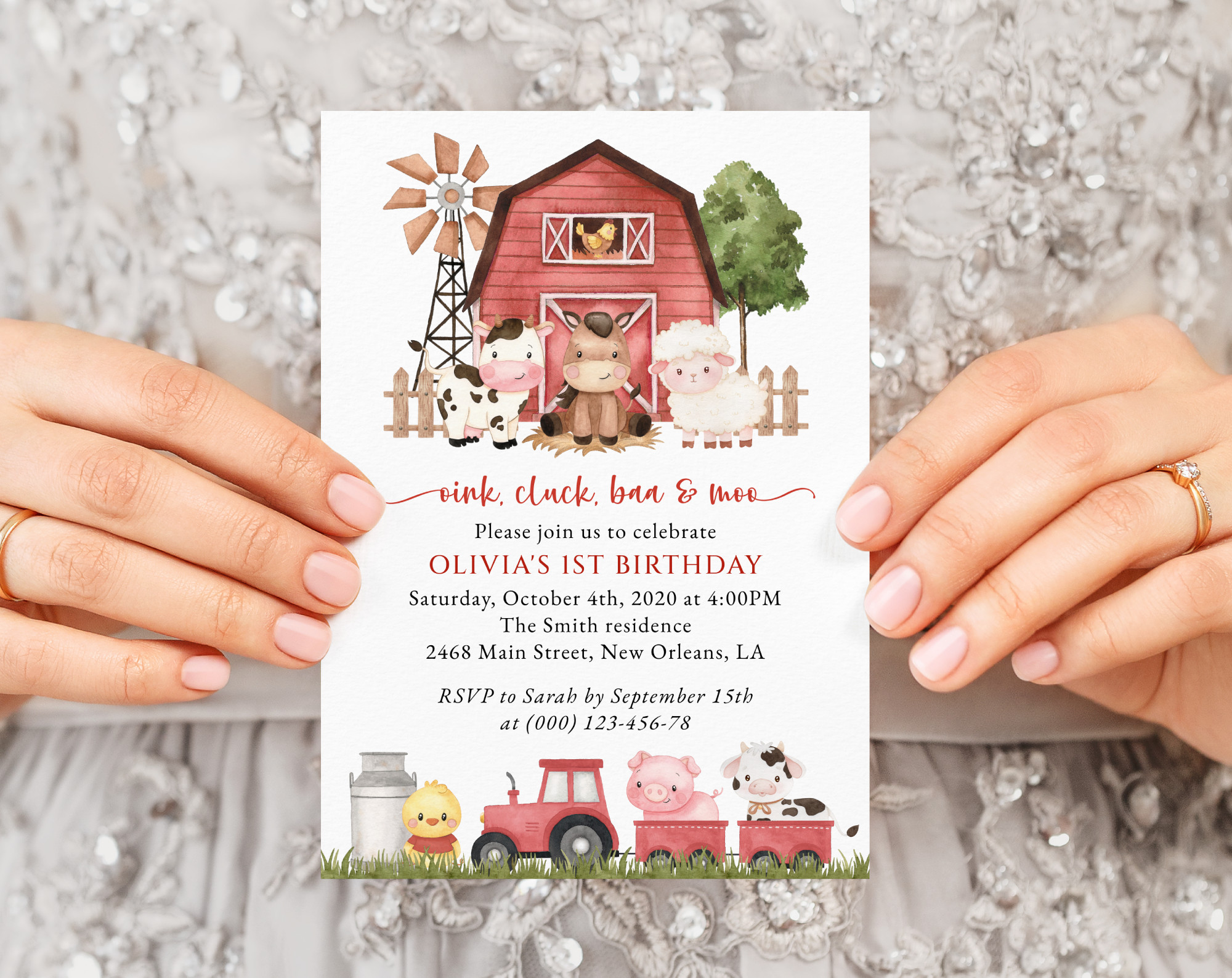 Farm Animals and Red Barn First Birthday Invitation, Birthday Stationery, Girl Birthday, Printable File, Edit Yourself, SH115