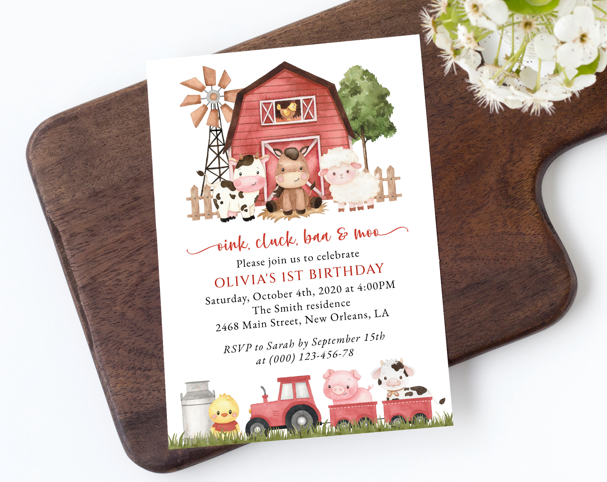 Farm Animals and Red Barn First Birthday Invitation, Birthday Stationery, Girl Birthday, Printable File, Edit Yourself, SH115
