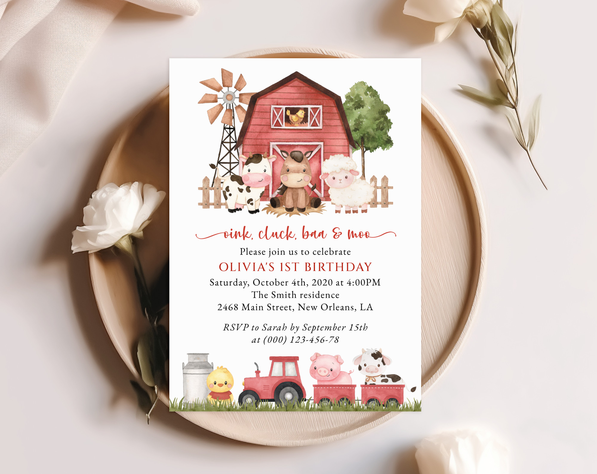 Farm Animals and Red Barn First Birthday Invitation, Birthday Stationery, Girl Birthday, Printable File, Edit Yourself, SH115