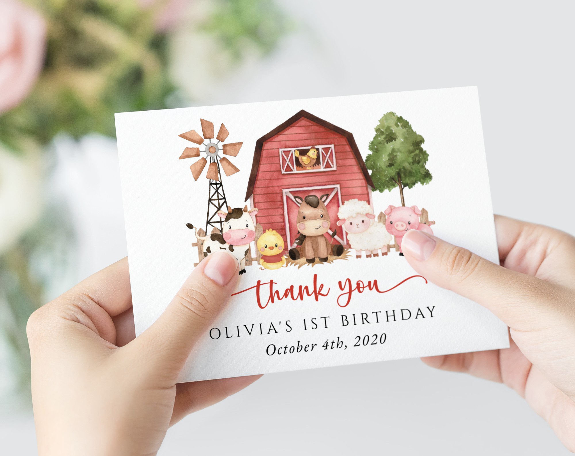 Farm Animals and Red Barn Thank You Card, First Birthday, Girl Birthday, Printable File, Edit Yourself, SH115