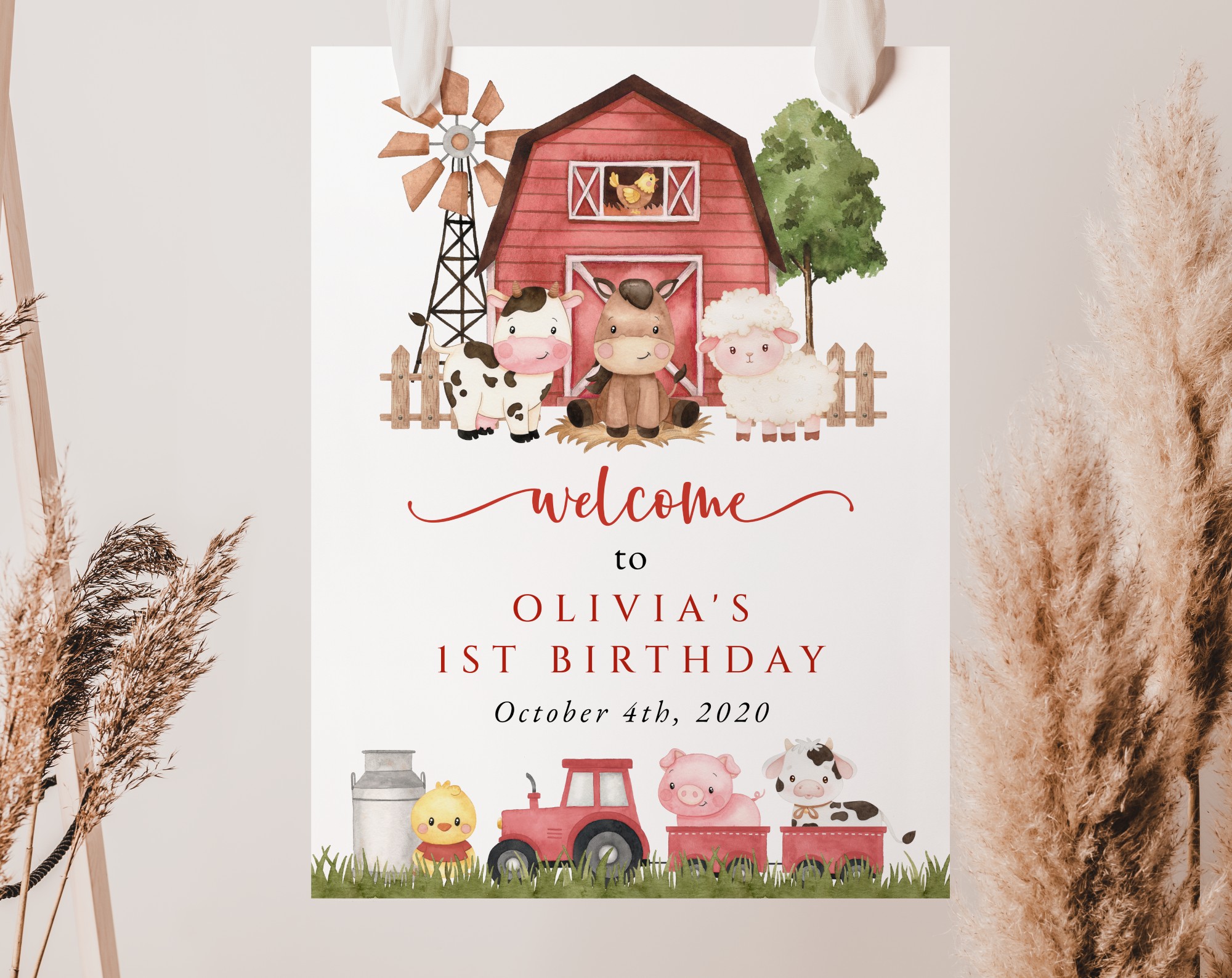 Farm Animals and Red Barn Welcome Sign, First Birthday, Girl Birthday, Printable File, Edit Yourself, SH115 Farm Animals and Red Barn Welcome Sign, First Birthday, Girl Birthday, Printable File, Edit Yourself, SH115