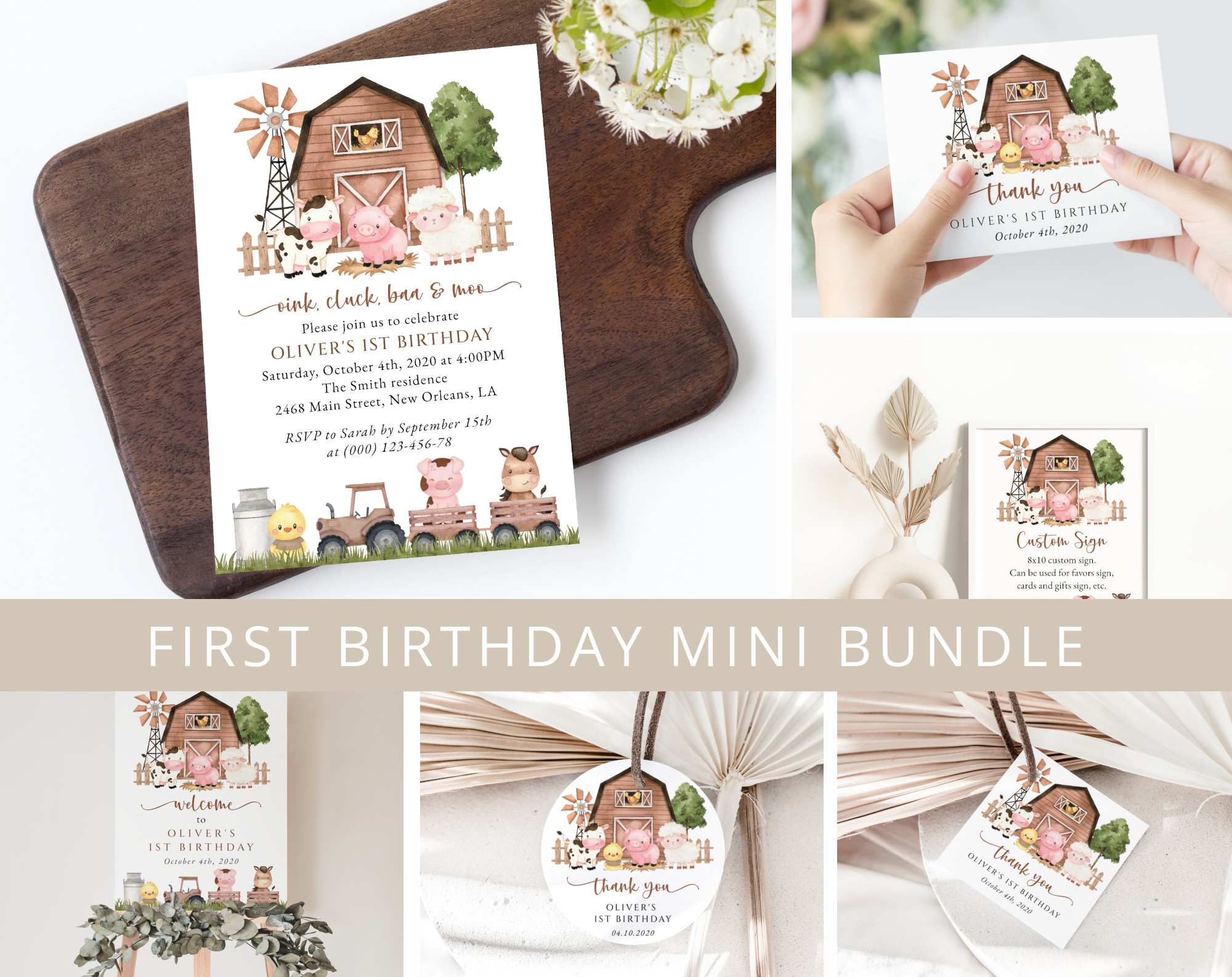 Farm Animals and Brown Barn First Birthday Mini Bundle, Gender Neutral Birthday, Printable File, Edit Yourself, SH116