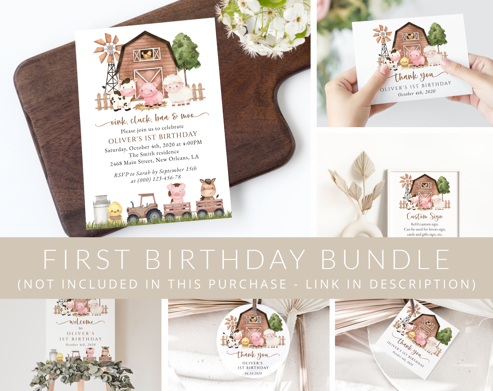 Farm Animals and Brown Barn First Birthday Mini Bundle, Gender Neutral Birthday, Printable File, Edit Yourself, SH116 Farm Animals and Brown Barn First Birthday Mini Bundle, Gender Neutral Birthday, Printable File, Edit Yourself, SH116