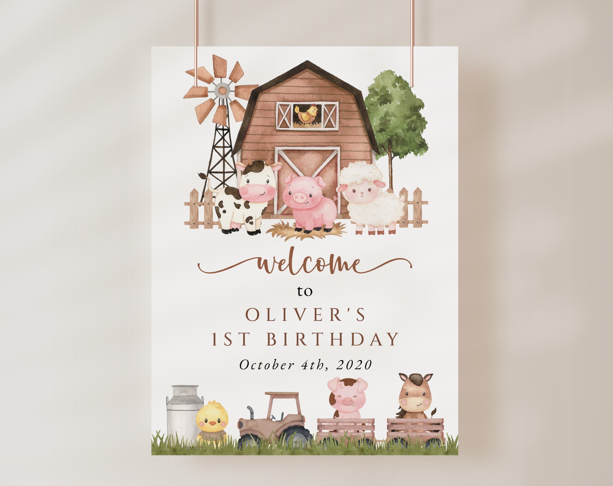 Farm Animals and Brown Barn Welcome Sign, First Birthday, Gender Neutral, Printable File, Edit Yourself, SH116