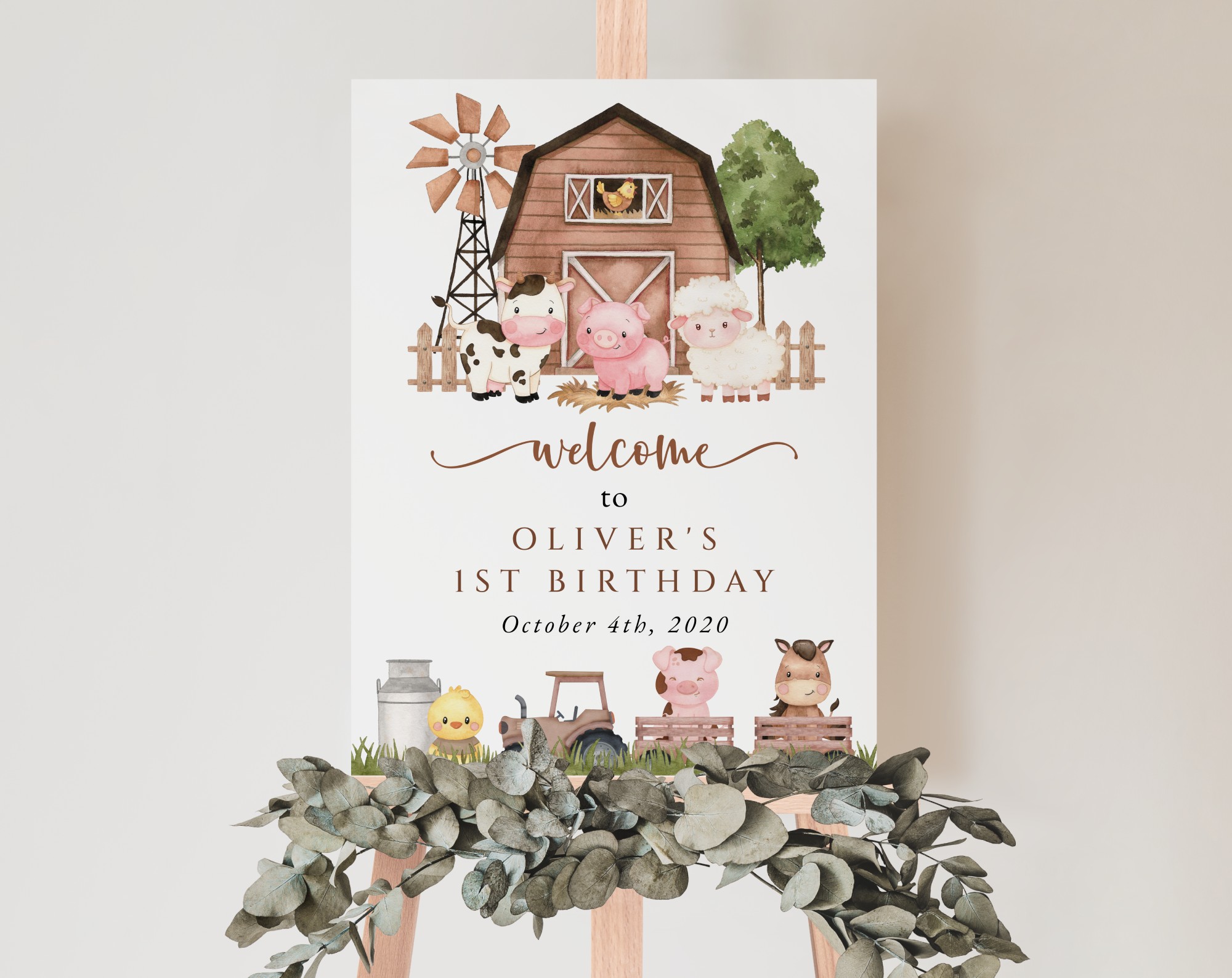 Farm Animals and Brown Barn Welcome Sign, First Birthday, Gender Neutral, Printable File, Edit Yourself, SH116