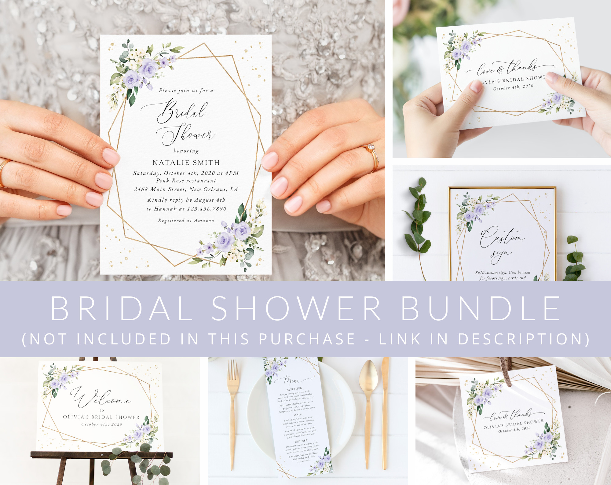 Purple Flowers and Gold Confetti Bridal Shower Mini Bundle, Printable File, Edit Yourself, SH177