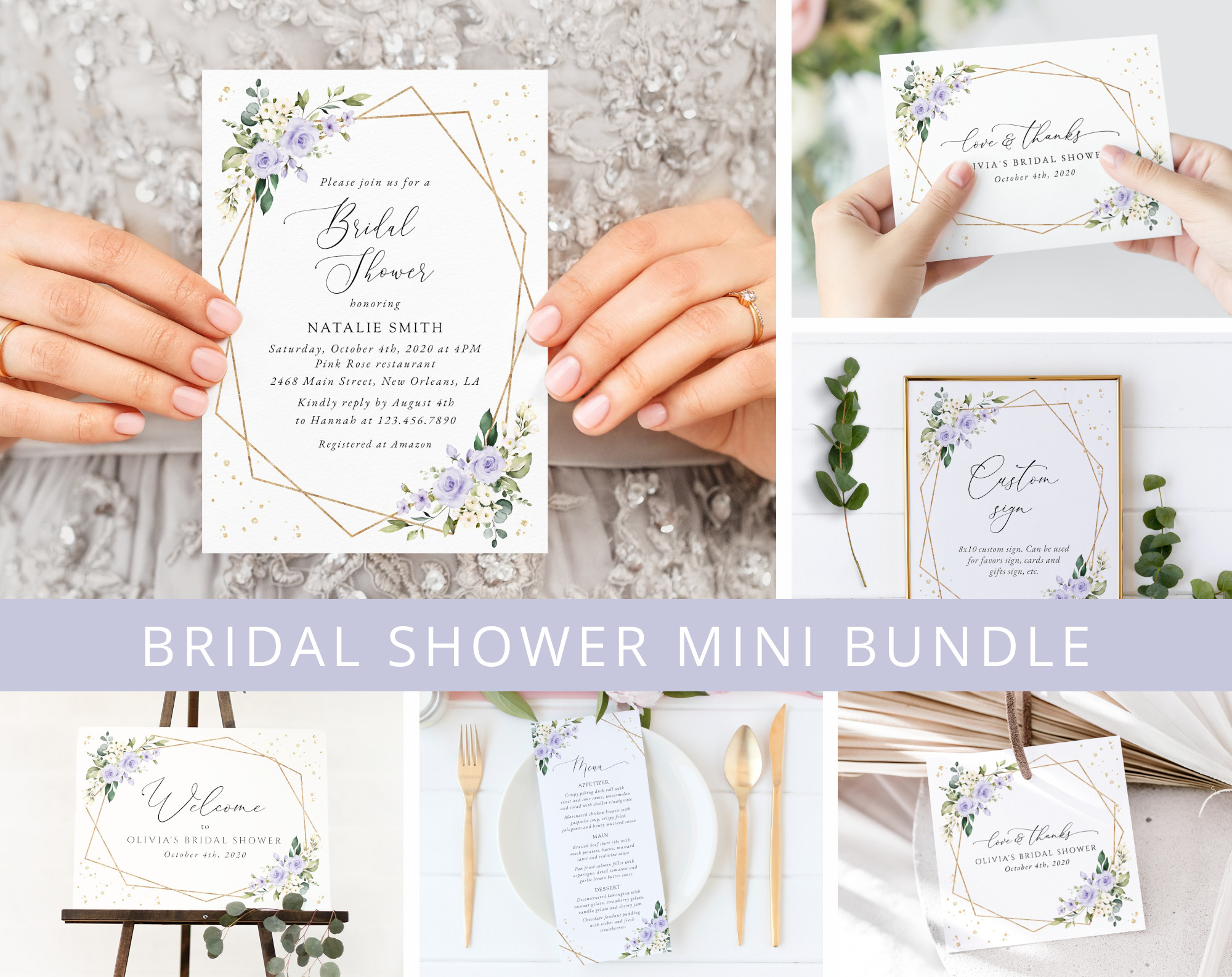 Purple Flowers and Gold Confetti Bridal Shower Mini Bundle, Printable File, Edit Yourself, SH177