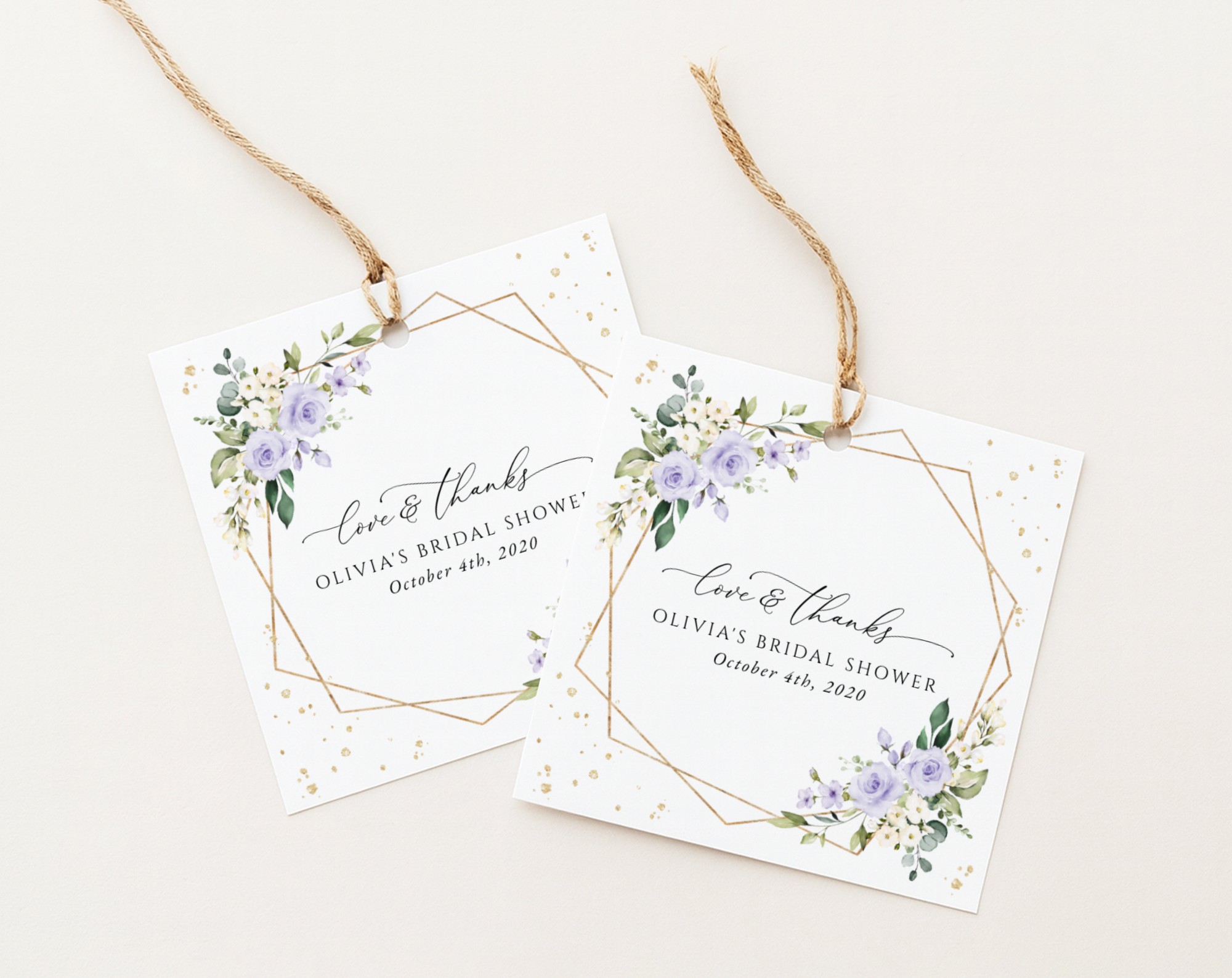Purple Flowers and Gold Confetti Favor Tags, Gift Tags, Bridal Shower, Printable File, Edit Yourself, SH177
