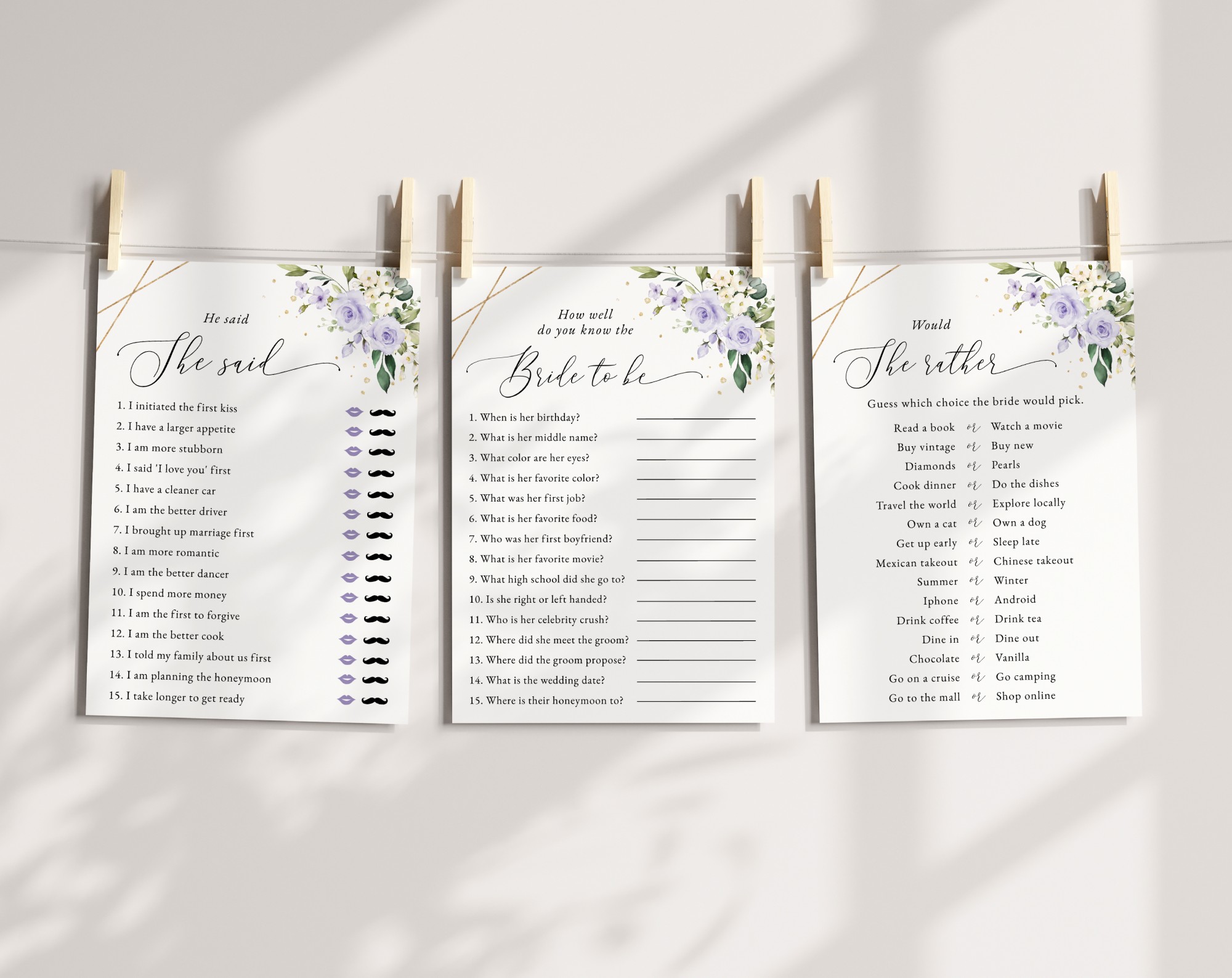 Purple Flowers and Gold Confetti Bridal Shower Games, Set of 3 Games, Printable File, Edit Yourself, SH177
