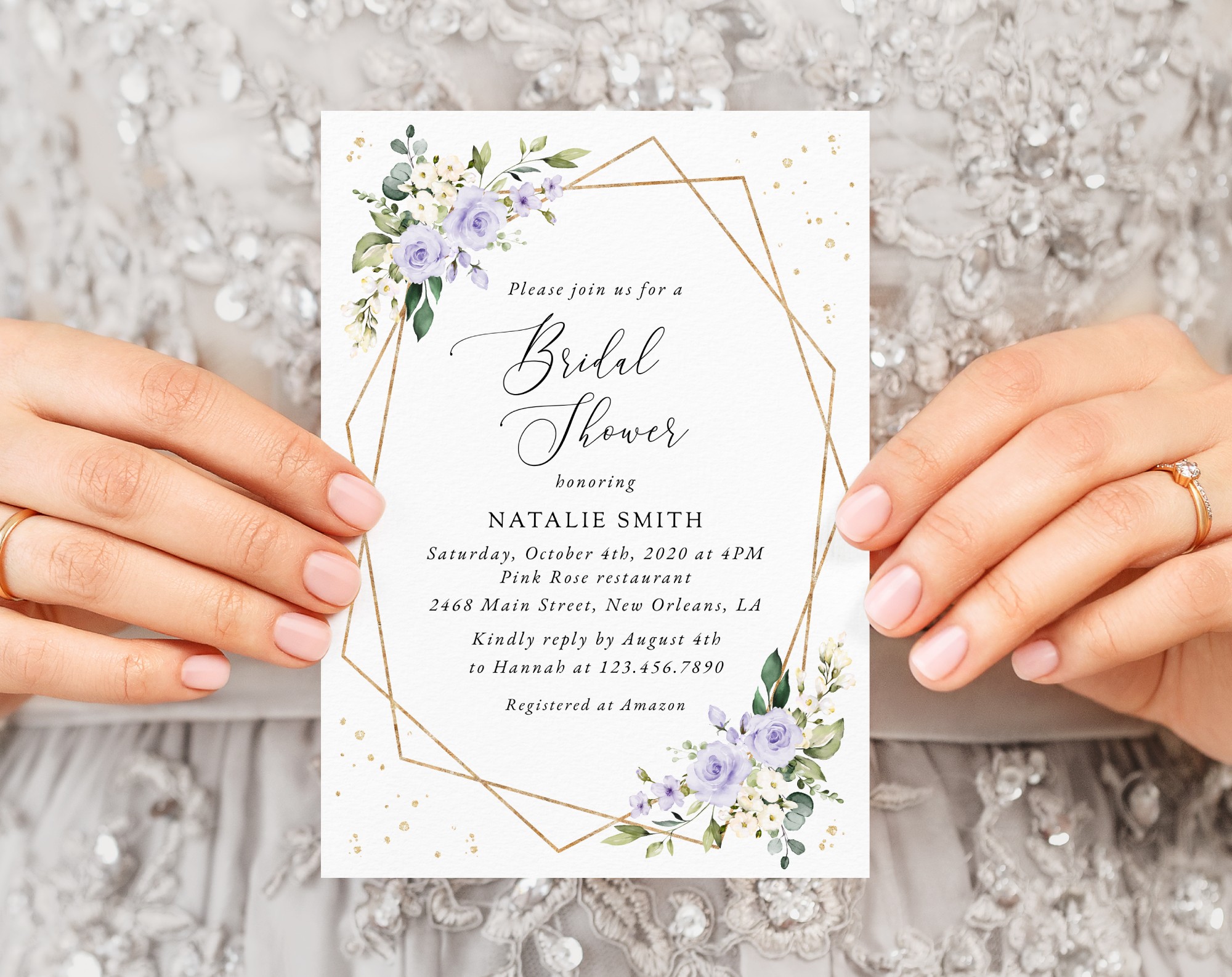 Purple Flowers and Gold Confetti Bridal Shower Invitation, Bridal Stationery, Printable File, Edit Yourself, SH177