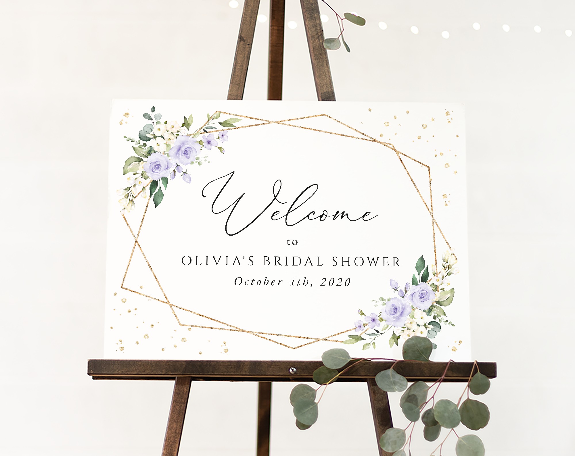 Purple Flowers and Gold Confetti Welcome Sign, Bridal Shower Sign, Printable File, Edit Yourself, SH177